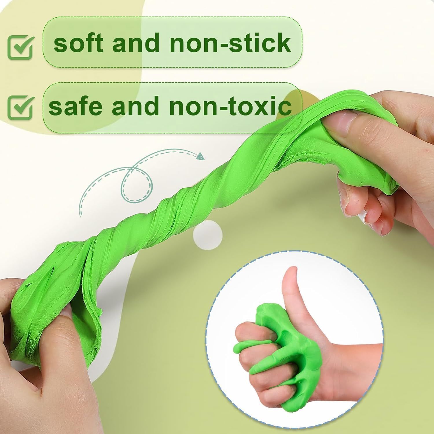 Reassures parents that the clay is safe for children by highlighting its soft, non-stick, and non-toxic properties. Communicates two distinct safety and material benefits in a visually segmented…