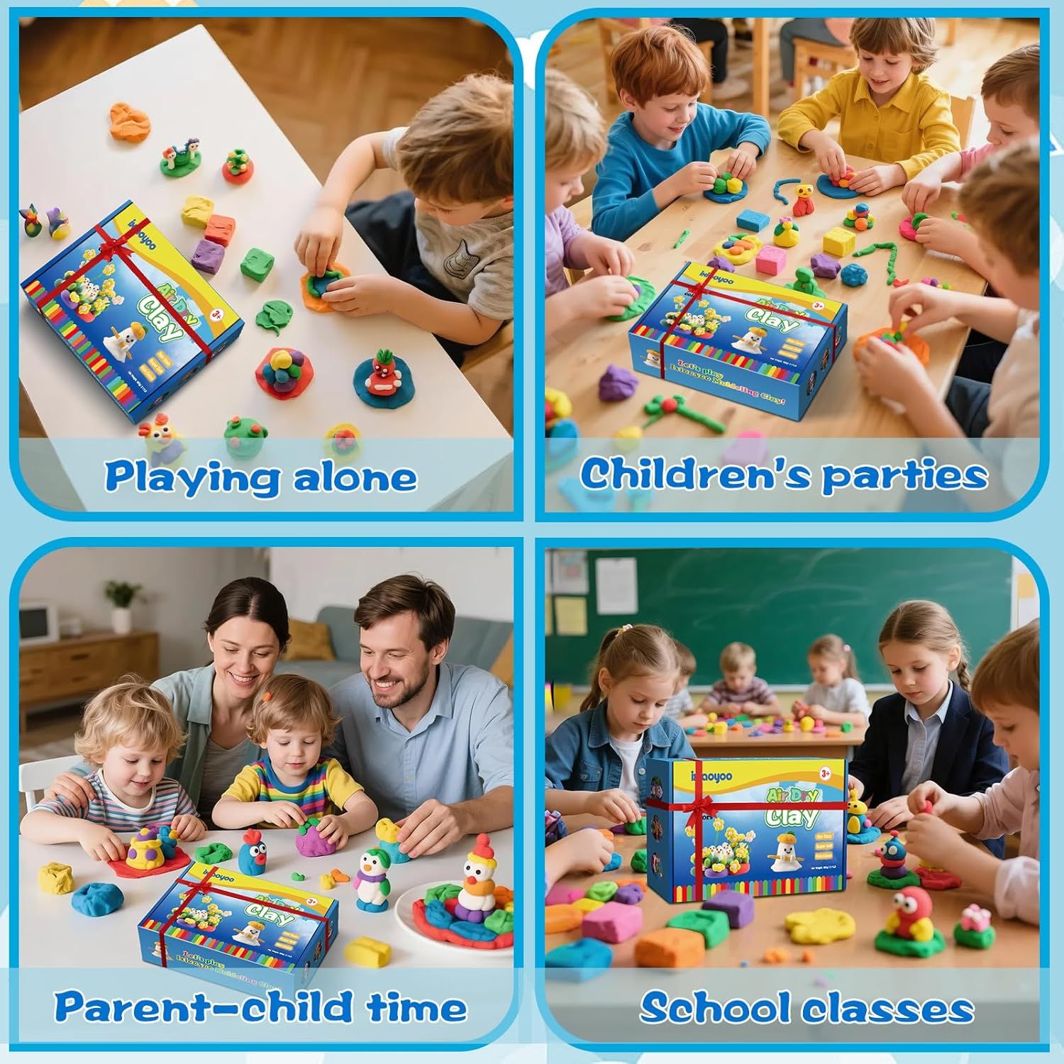 Demonstrates multiple use scenarios where the clay kit is appropriate, showing its versatility across different settings.