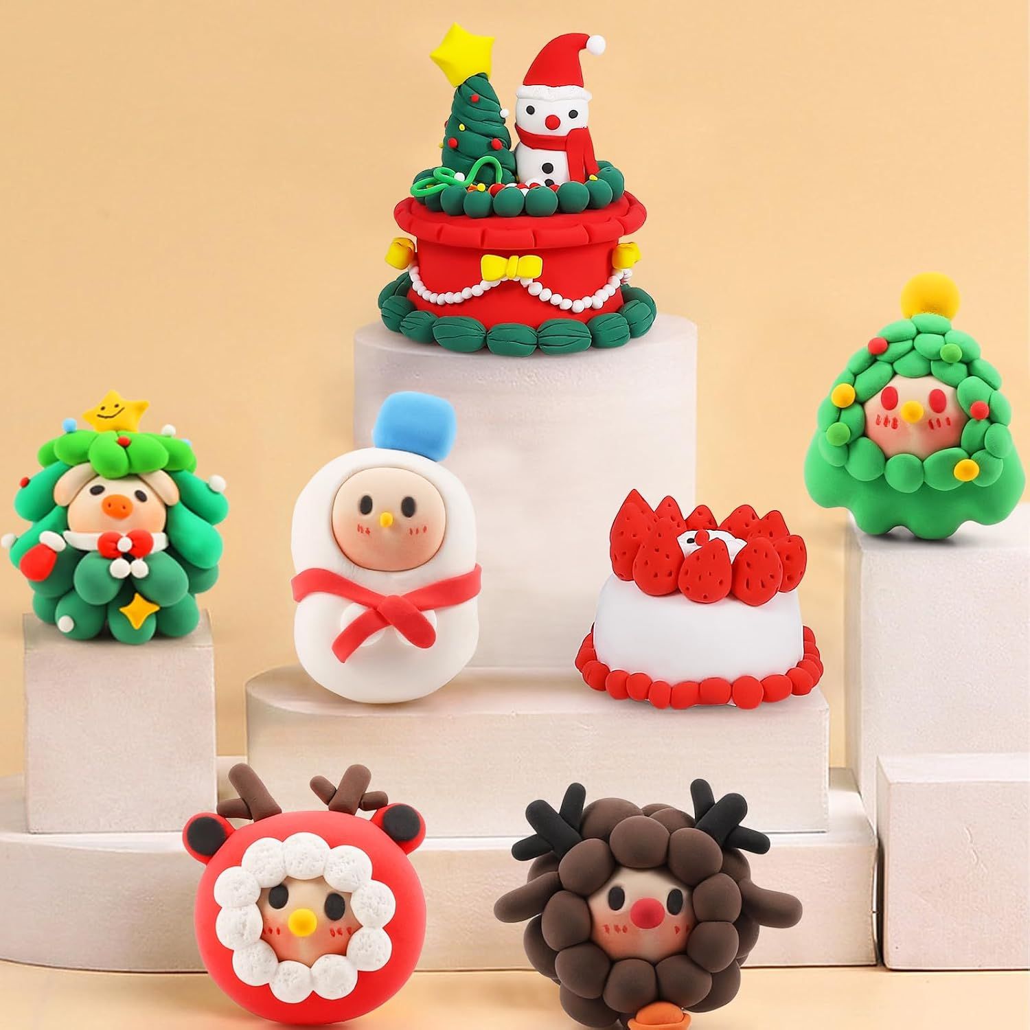 Showcases Christmas-themed clay creations to position the product as a holiday activity or gift option for the festive season.