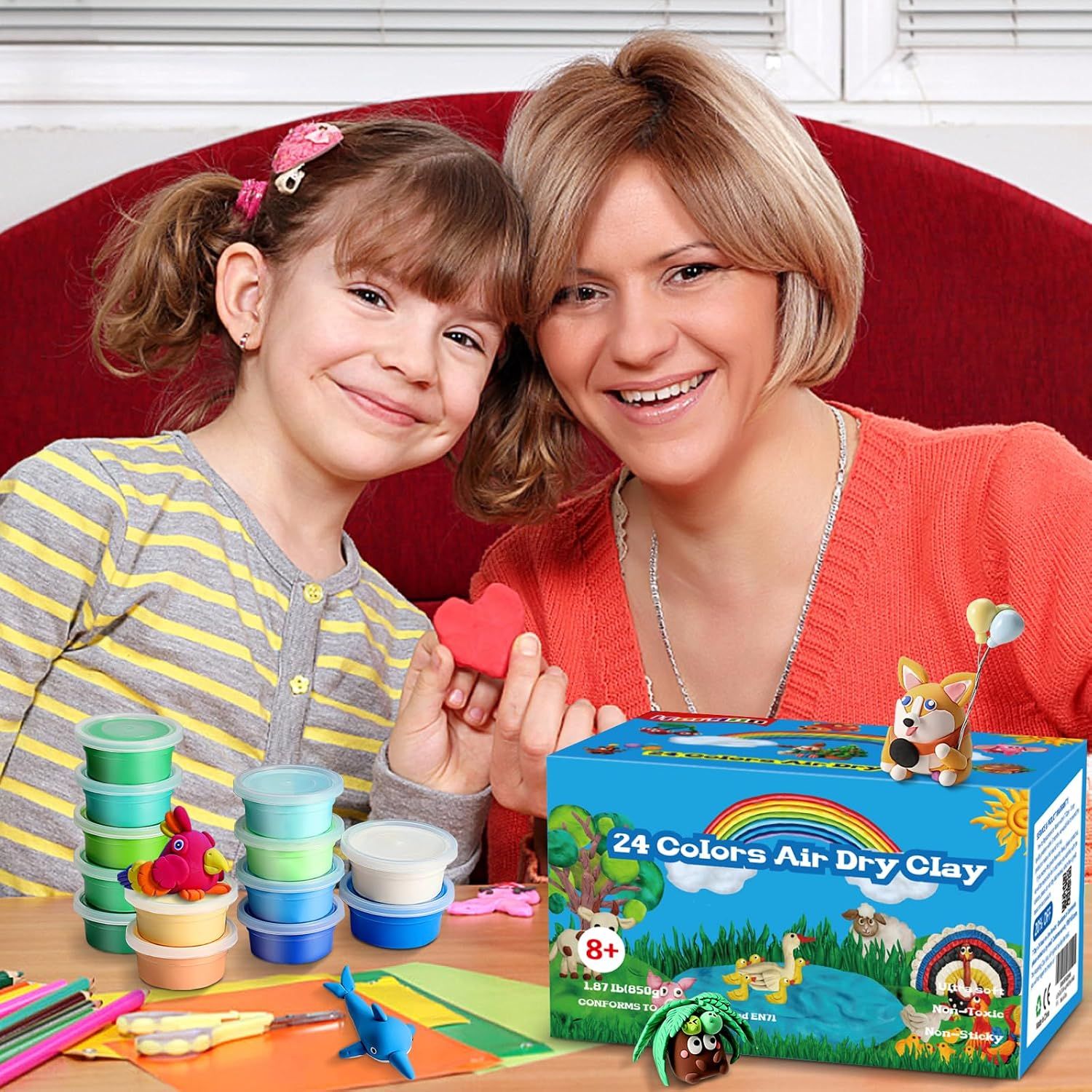 Shows a mother and daughter enjoying the clay kit together to communicate the product's value as a family bonding and creative play experience.