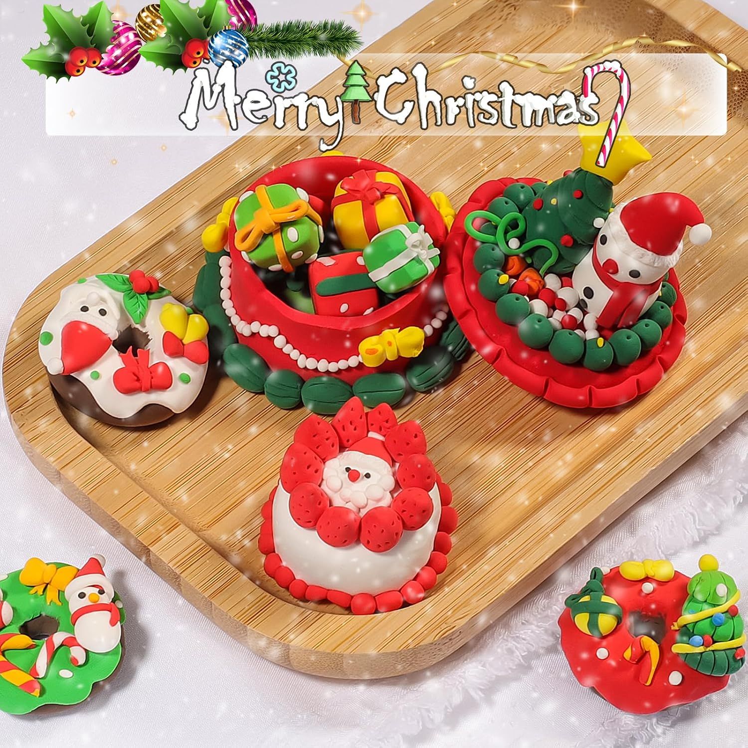 Features Christmas-themed clay creations with Merry Christmas text overlay to position the product as a festive holiday craft activity or gift.