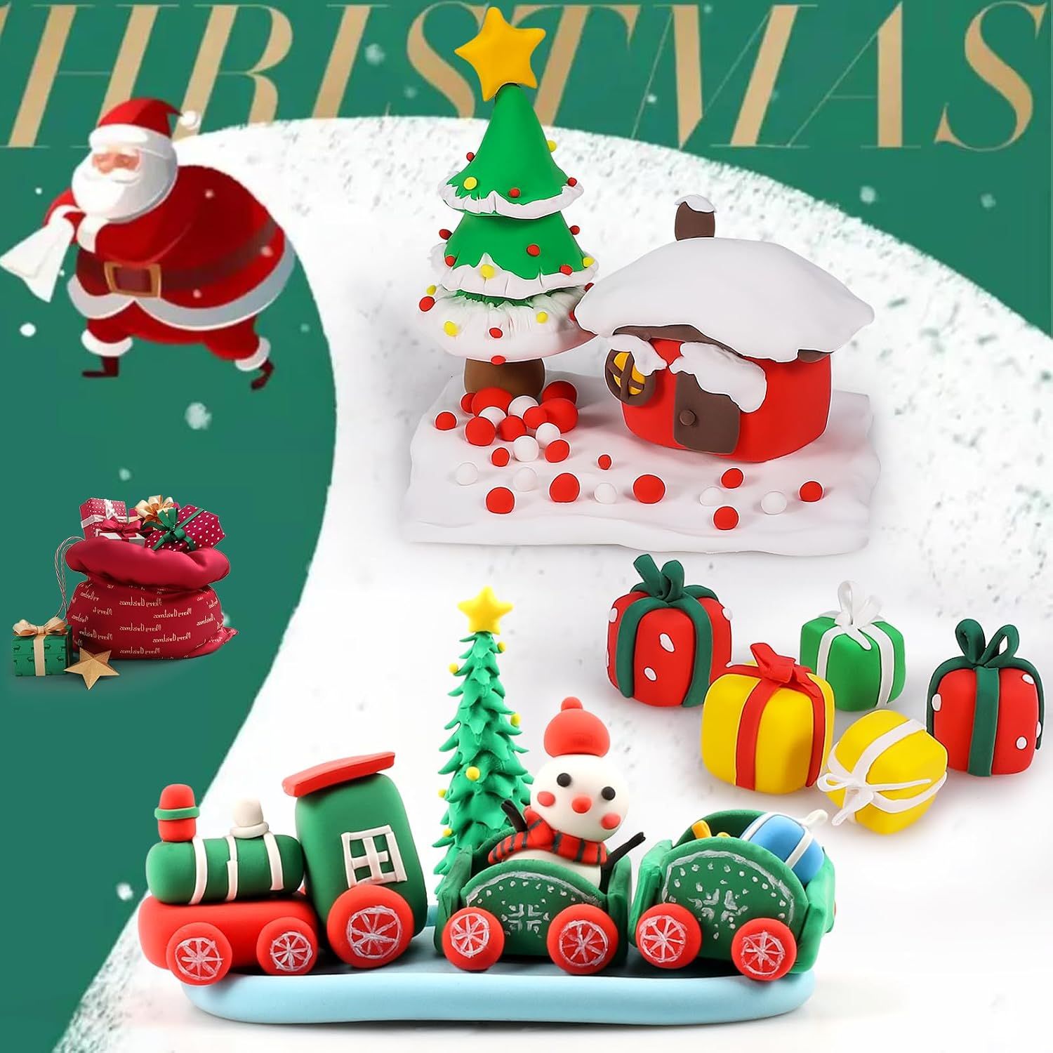 Displays an elaborate Christmas-themed clay scene with holiday elements to inspire shoppers and position the product as a seasonal craft activity.