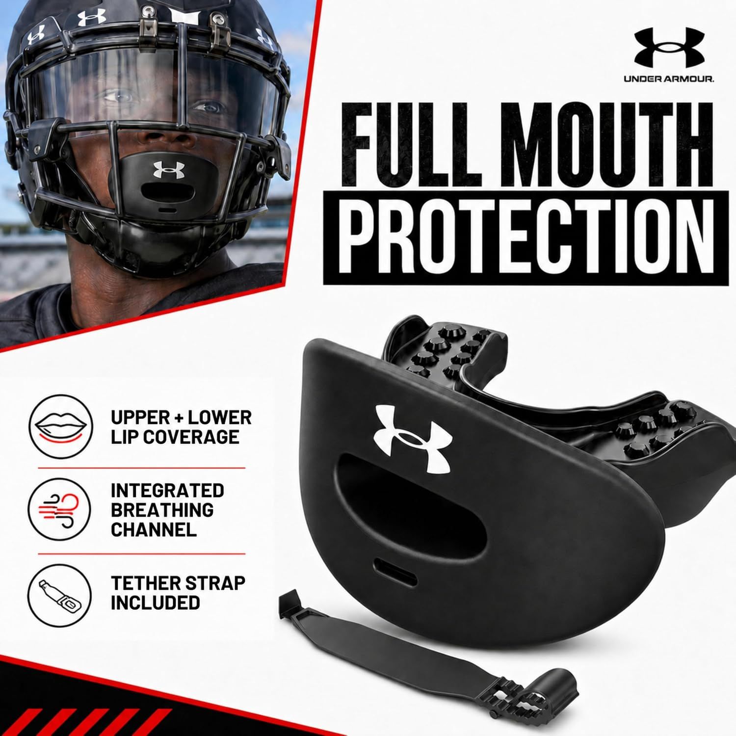 Highlights multiple key benefits of the mouthguard in a segmented layout to reassure shoppers of comprehensive protection and convenience features.
