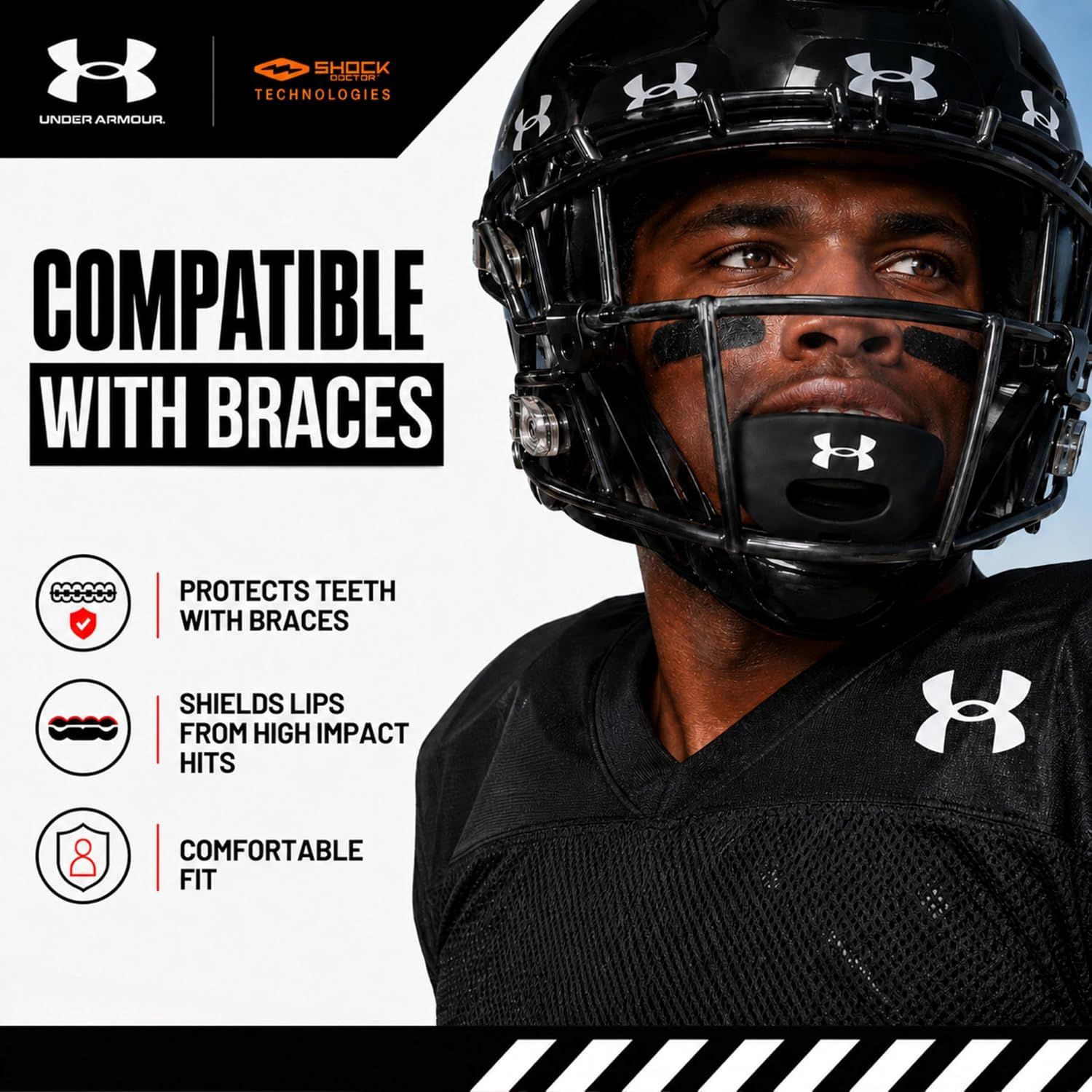 Communicates that the mouthguard is safe and compatible for athletes wearing braces, providing protection and comfort during play. Showcases three distinct benefits in a segmented layout to reassure…