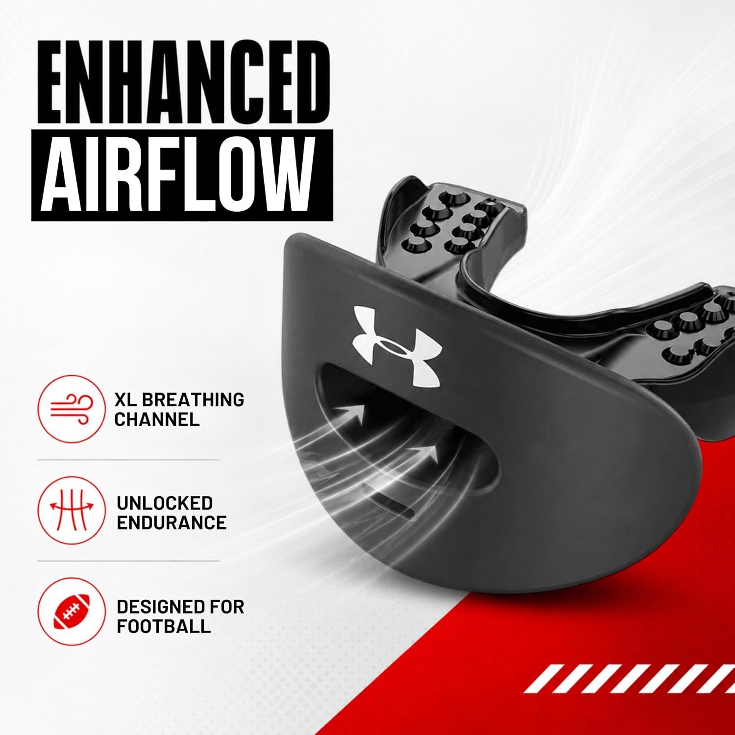 Highlights multiple performance benefits related to airflow and endurance in a segmented layout to appeal to football athletes seeking optimal breathing during play.