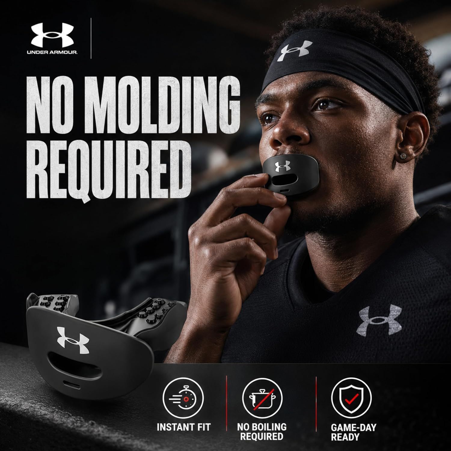 Emphasizes the convenience and ease-of-use benefits in a segmented layout, reassuring shoppers that the mouthguard is ready to use immediately without preparation.