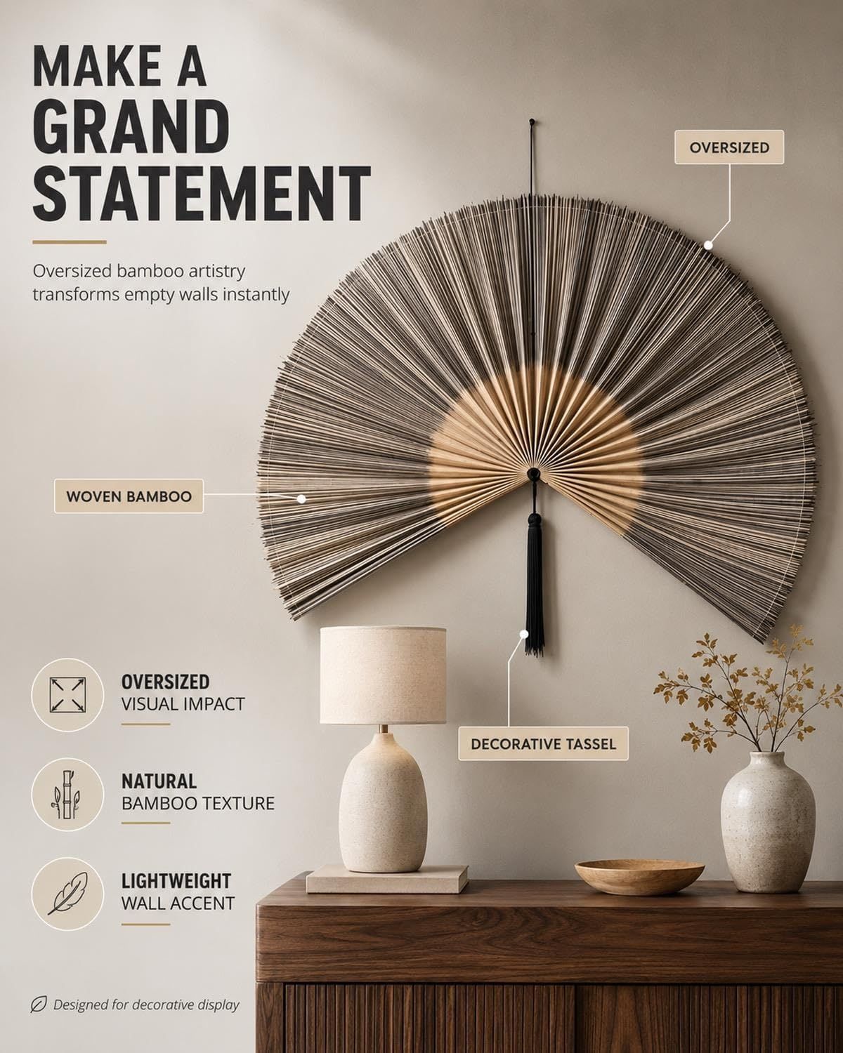 Highlights multiple selling benefits of the decorative bamboo fan in a segmented layout with icons and callouts, emphasizing its oversized impact, natural material, and lightweight design to…