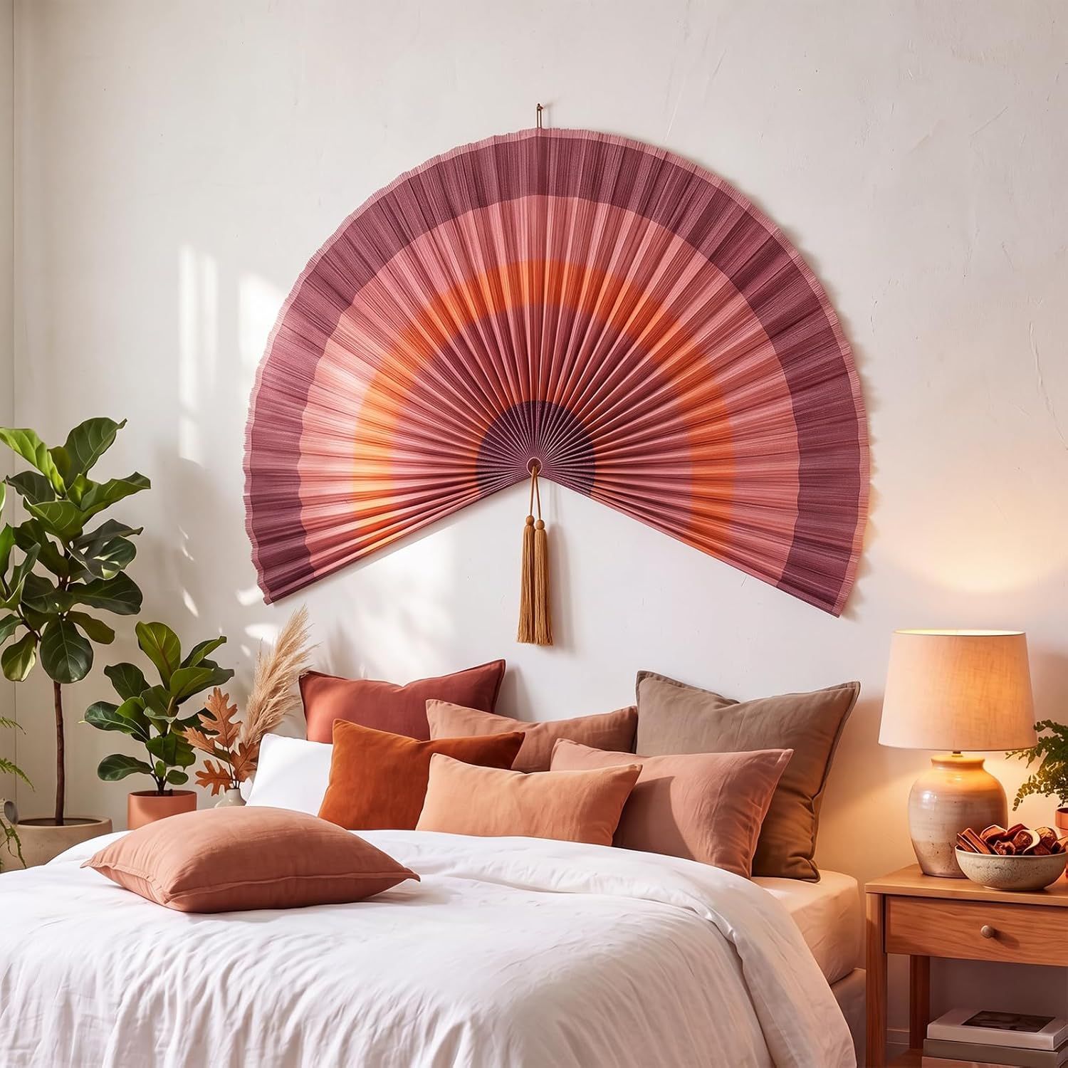 Showcases the decorative wall fan in a styled bedroom setting to help shoppers visualize how the product enhances home decor aesthetics.