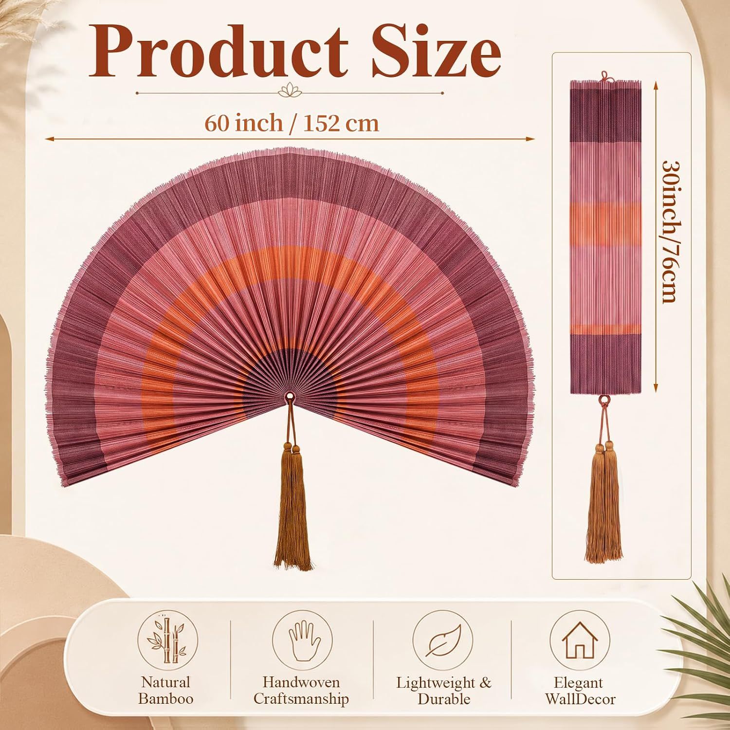 Communicates the exact physical dimensions of the wall fan (60 inch width, 30 inch height) with clear measurement arrows to help shoppers understand the product size. Highlights multiple product…
