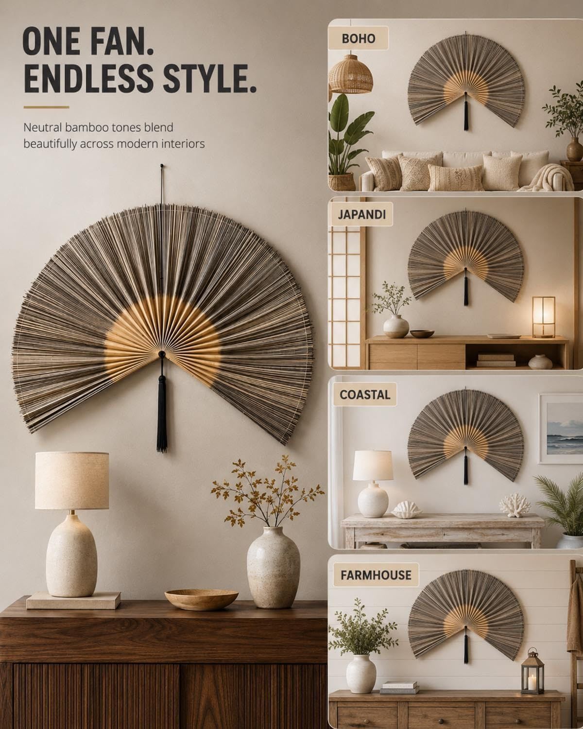 Demonstrates the versatility of the bamboo fan across multiple interior design styles and settings, showing shoppers how one product can blend beautifully across different decor aesthetics.
