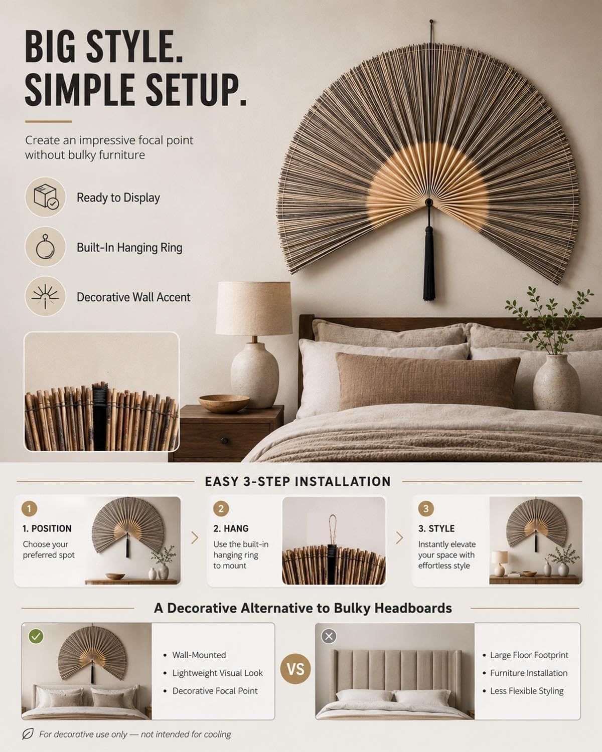 Explains the simple 3-step installation process for the bamboo fan and compares it favorably to bulky headboards, reassuring shoppers that setup is quick and effortless. Compares the lightweight…