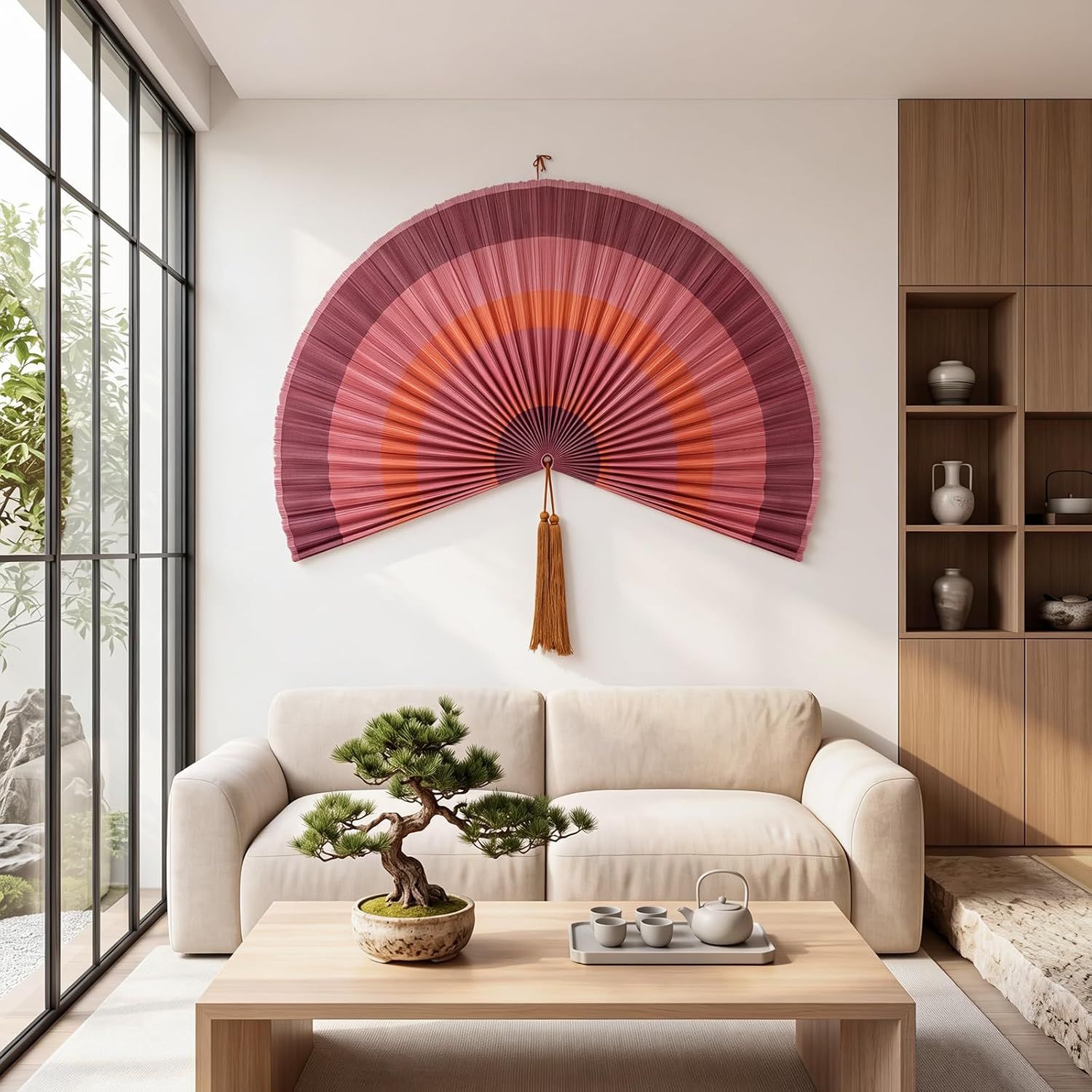 Displays the wall fan in a modern living room environment to help shoppers envision the product as an elegant decorative accent in their own space.