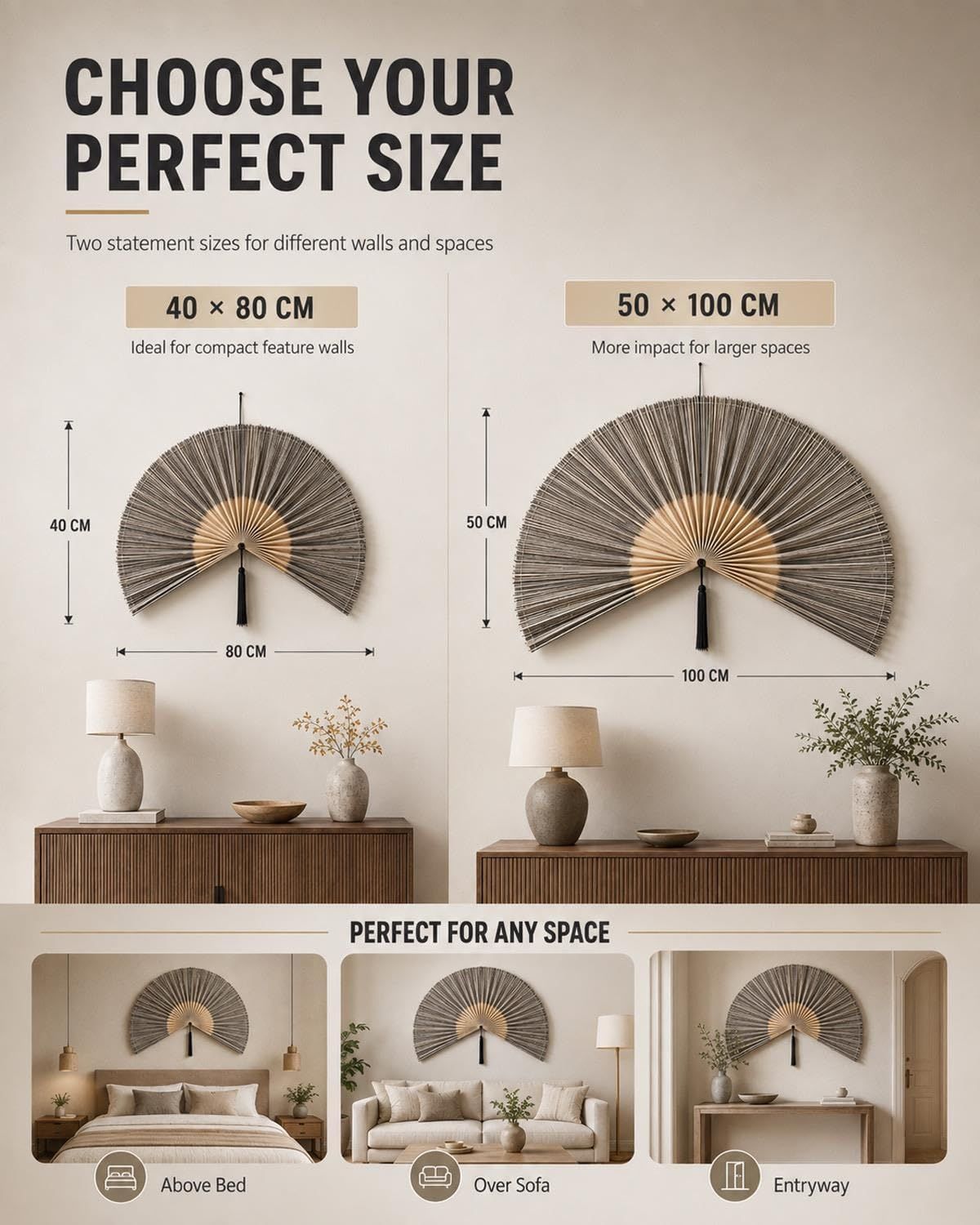 Shows the physical dimensions of two available sizes with measurement arrows and demonstrates how each size fits in different spaces, helping shoppers choose the right size for their walls.…