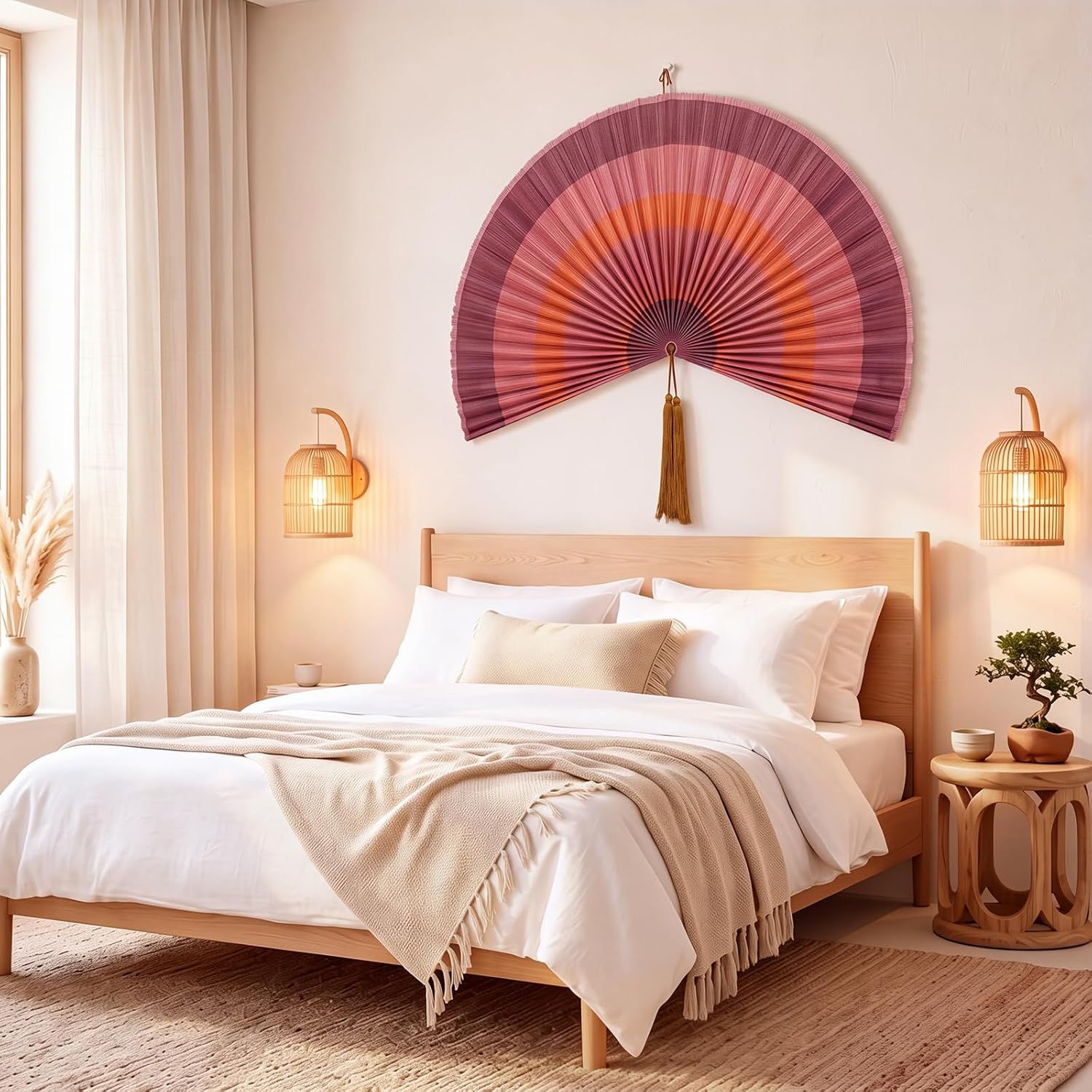 Presents the wall fan in a serene bedroom setting to demonstrate its decorative appeal and help shoppers visualize it as a statement piece above the bed.
