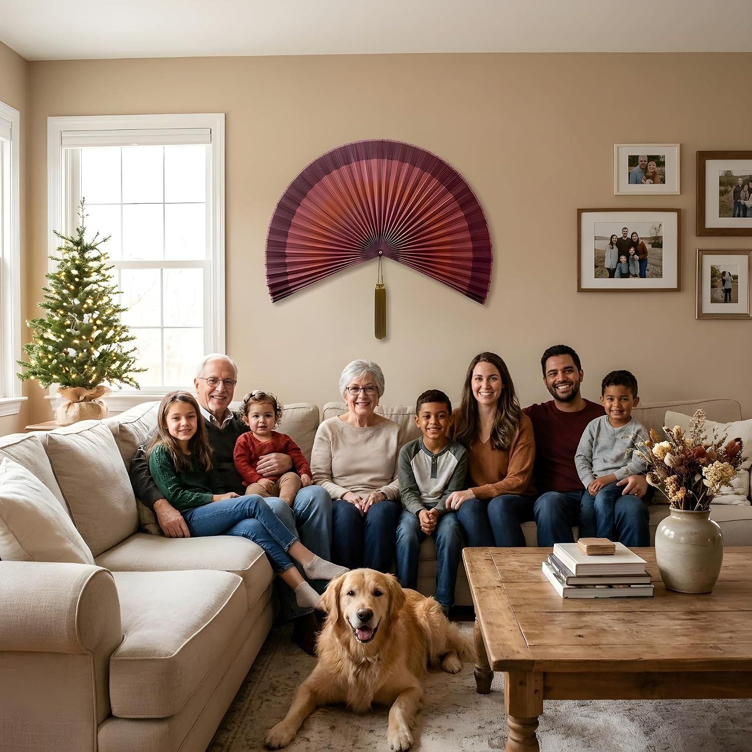 Demonstrates the decorative fan in a warm family living room setting during the holiday season to show how it enhances home decor and creates a welcoming atmosphere. Positions the product as…