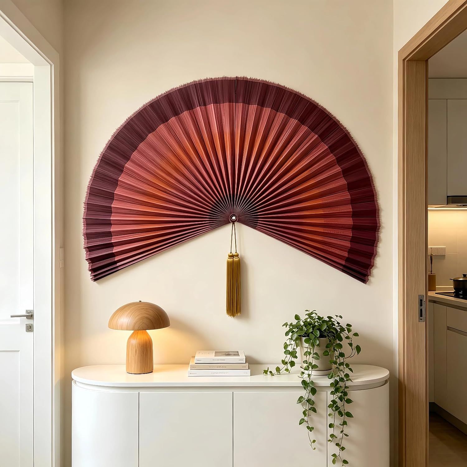 Displays the decorative fan in an entryway or hallway setting to demonstrate its versatility as wall decor in different areas of the home.