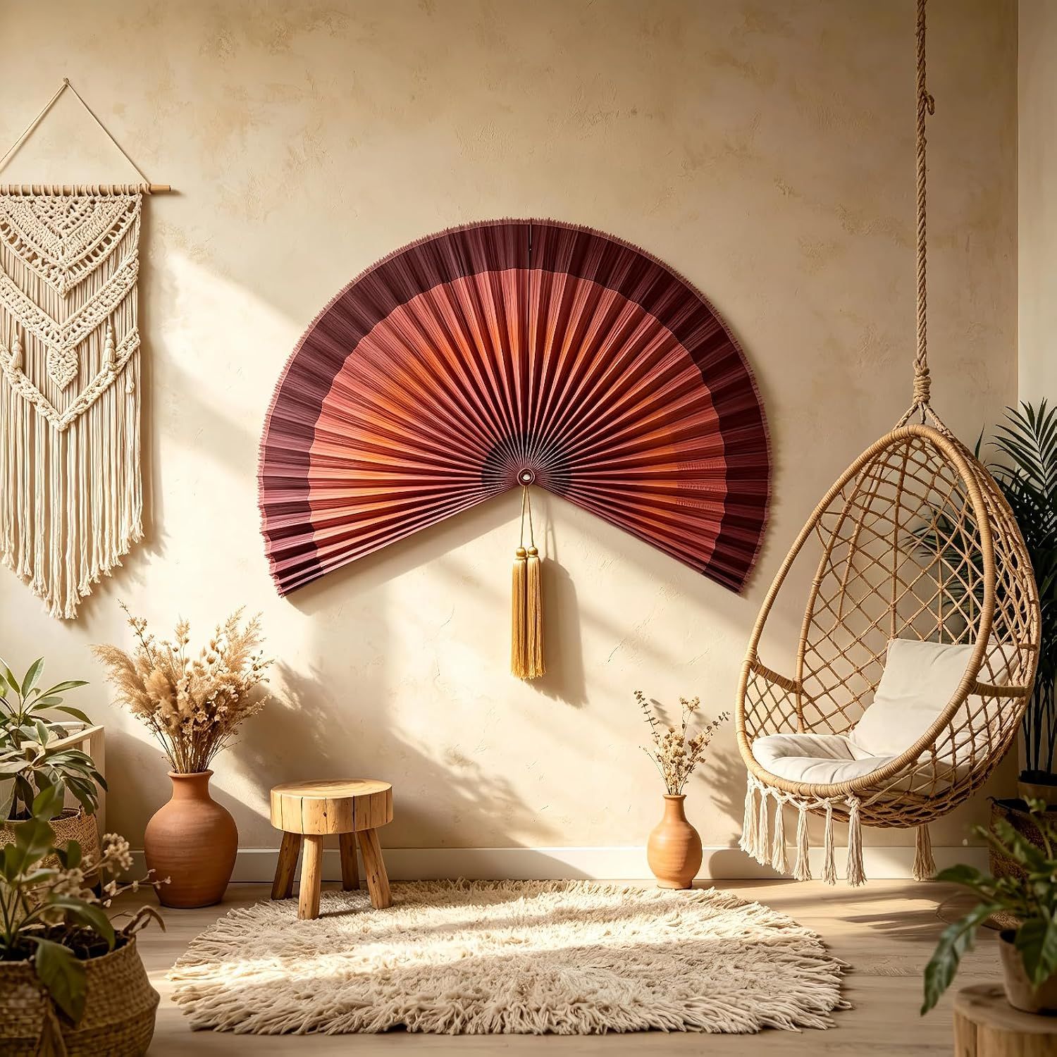 Showcases the decorative fan in a bohemian-styled room with complementary decor elements to help shoppers envision how it fits into a specific aesthetic.