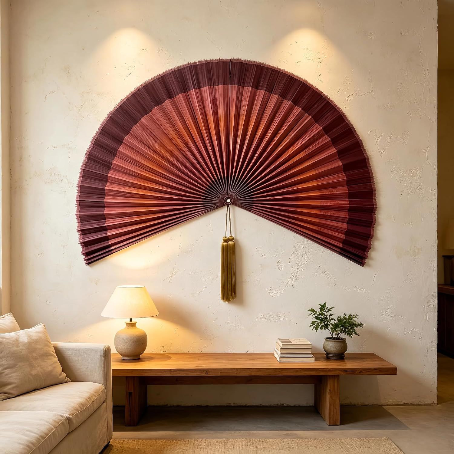 Presents the decorative fan in a minimalist setting with dramatic lighting to emphasize its aesthetic appeal and ability to serve as a statement piece in modern interiors.