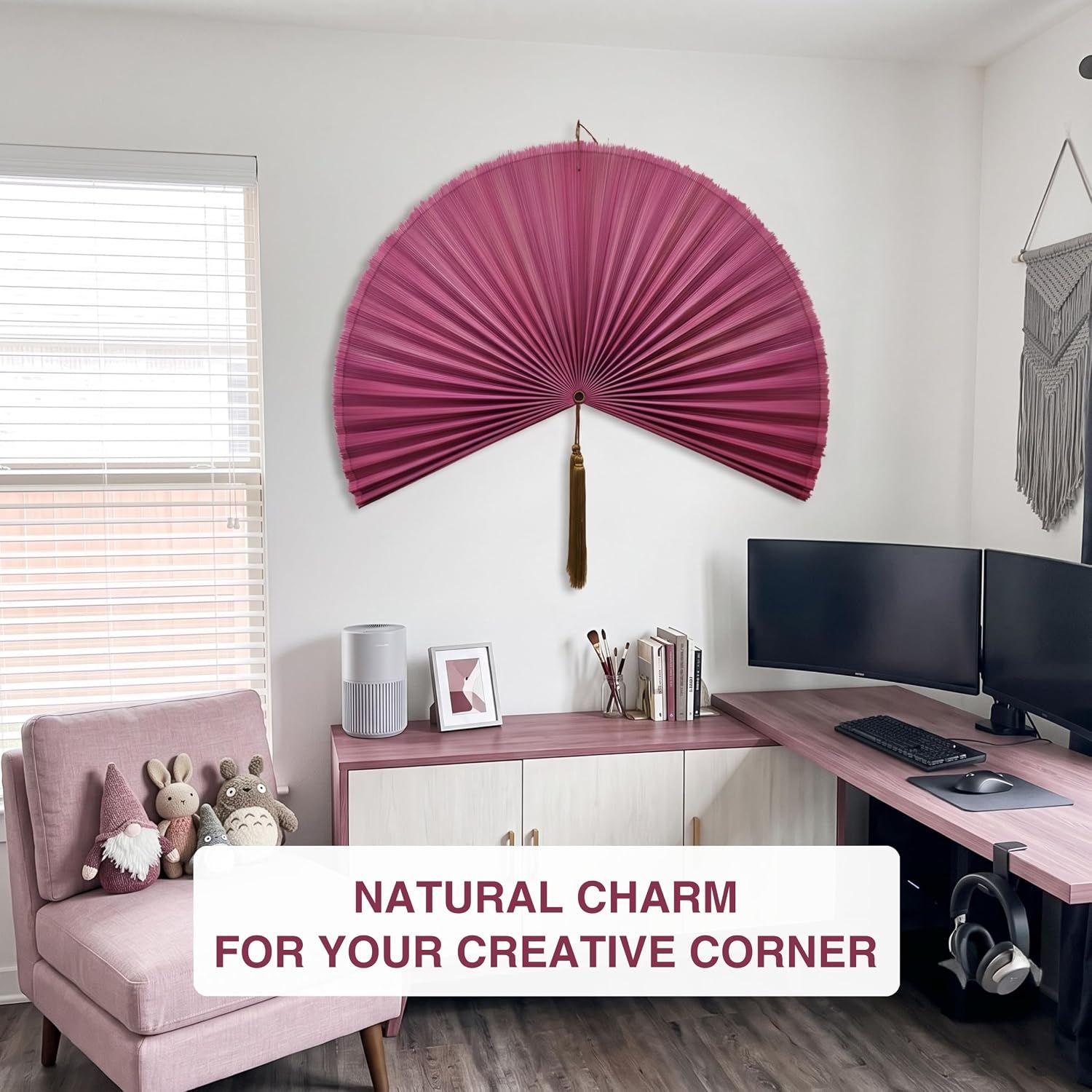 Demonstrates the product in a home office or creative workspace to show its versatility in adding natural charm to various room types. Highlights the product's ability to enhance a creative corner…
