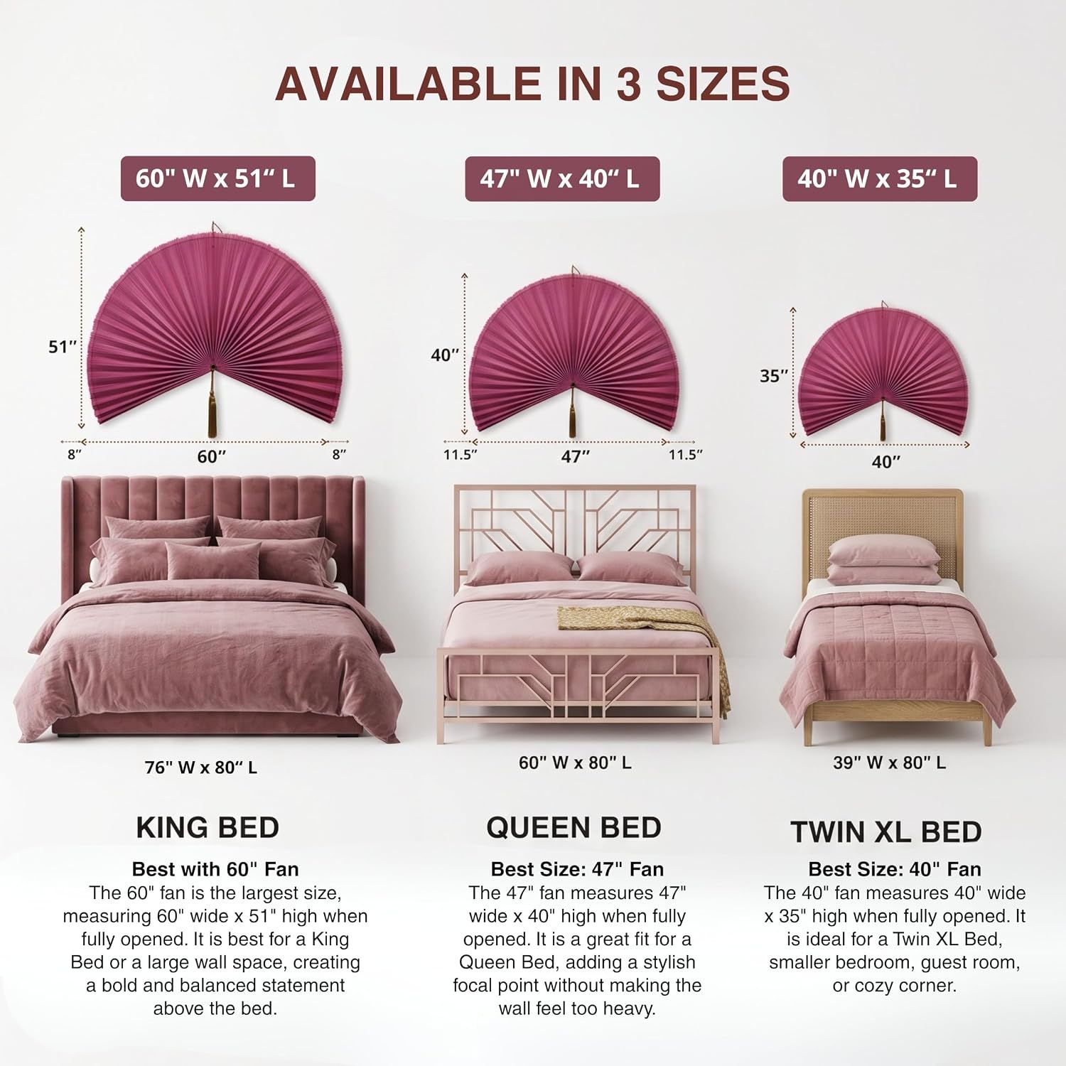Provides exact physical dimensions for three size options and shows which bed sizes they best fit to help shoppers choose the right size for their space.