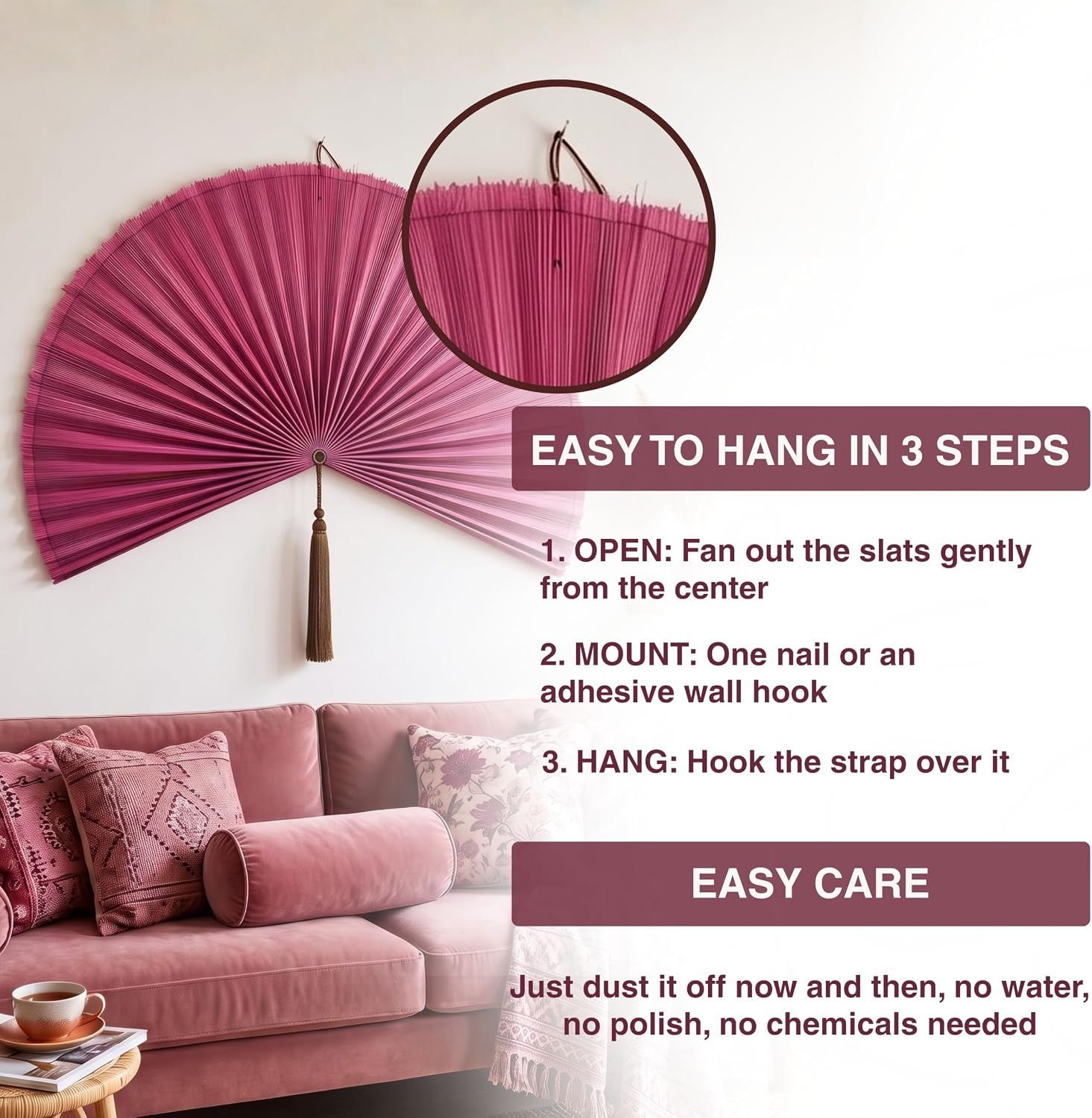 Highlights two distinct benefits in segmented sections: simple installation process and low-maintenance care to reassure shoppers of convenience.