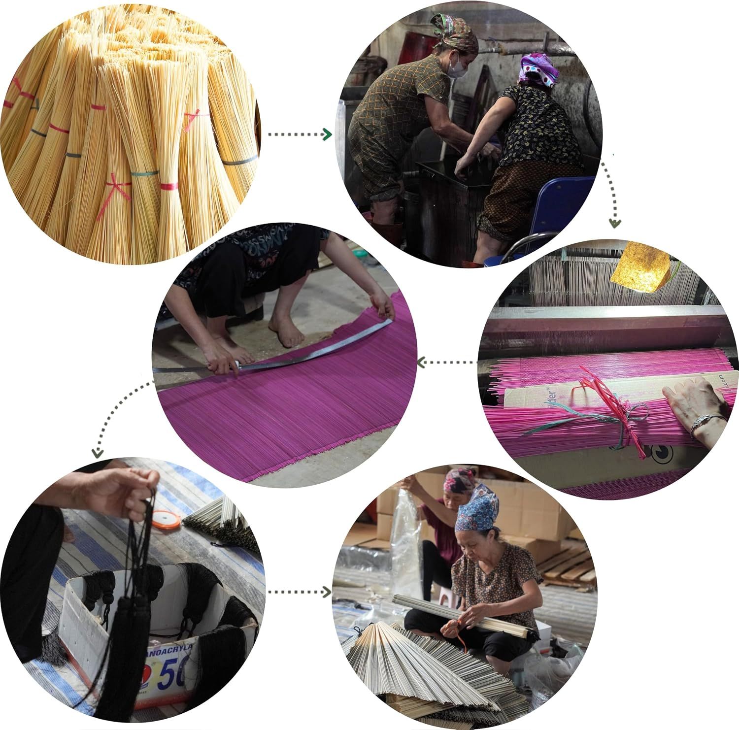 Shows the multi-step handcrafting process from raw bamboo to finished product to communicate authenticity and artisan craftsmanship.