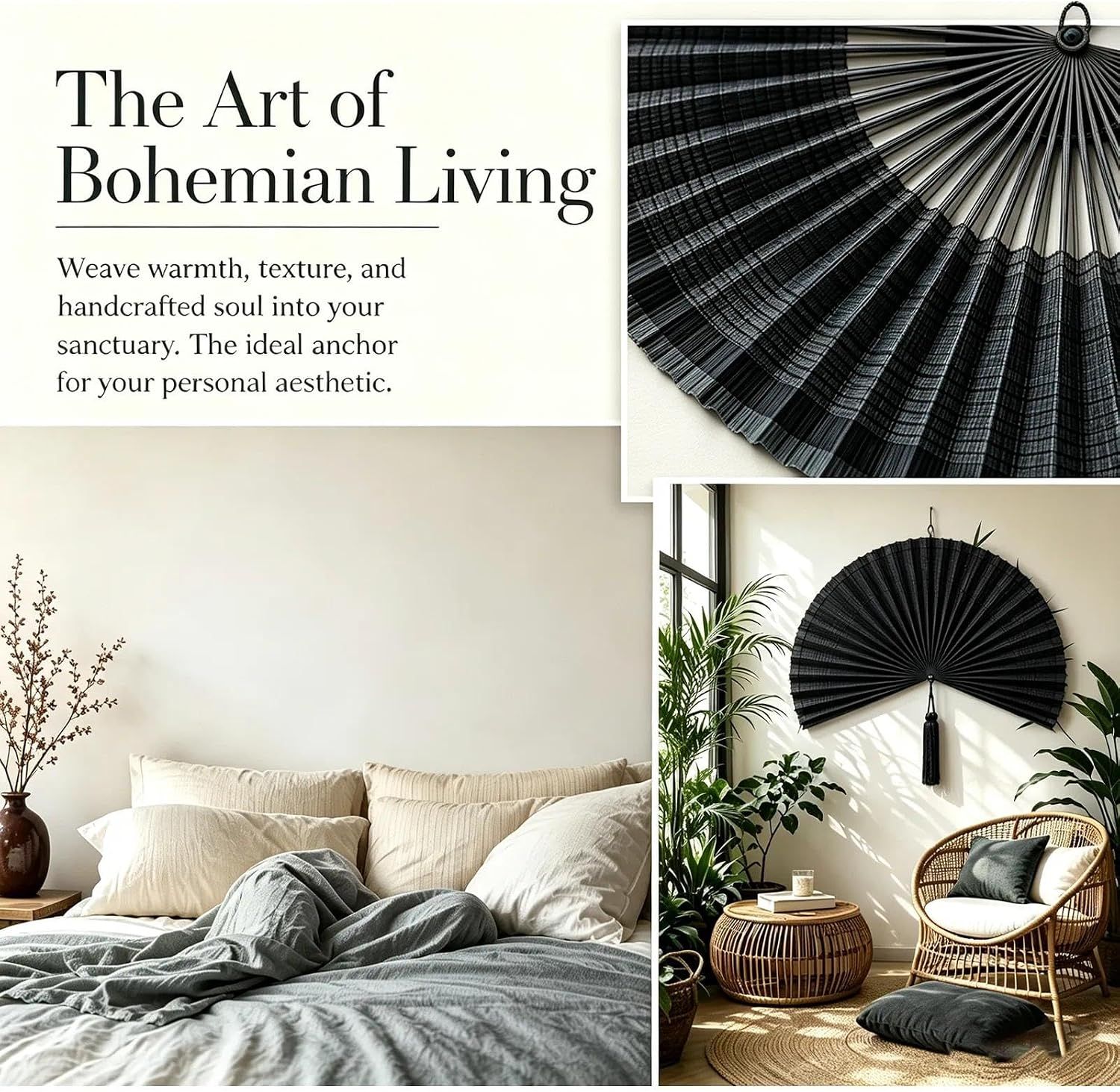 Communicates the product's ability to bring warmth, texture, and handcrafted bohemian style to personal spaces, positioning it as an ideal aesthetic anchor.
