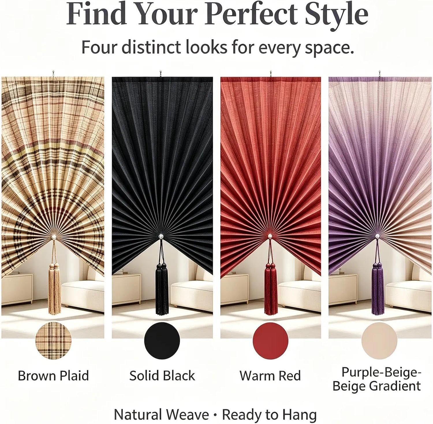 Displays the brand's product lineup with four distinct style options in lifestyle settings, helping shoppers find their perfect style for every space.