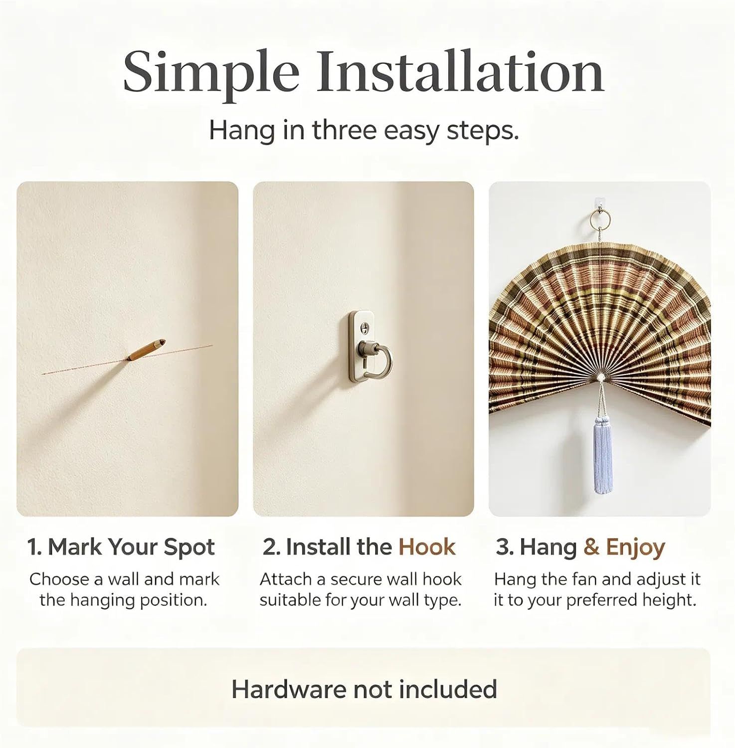 Demonstrates the simple three-step installation process (mark, install hook, hang) to reassure shoppers that setup is quick and easy.