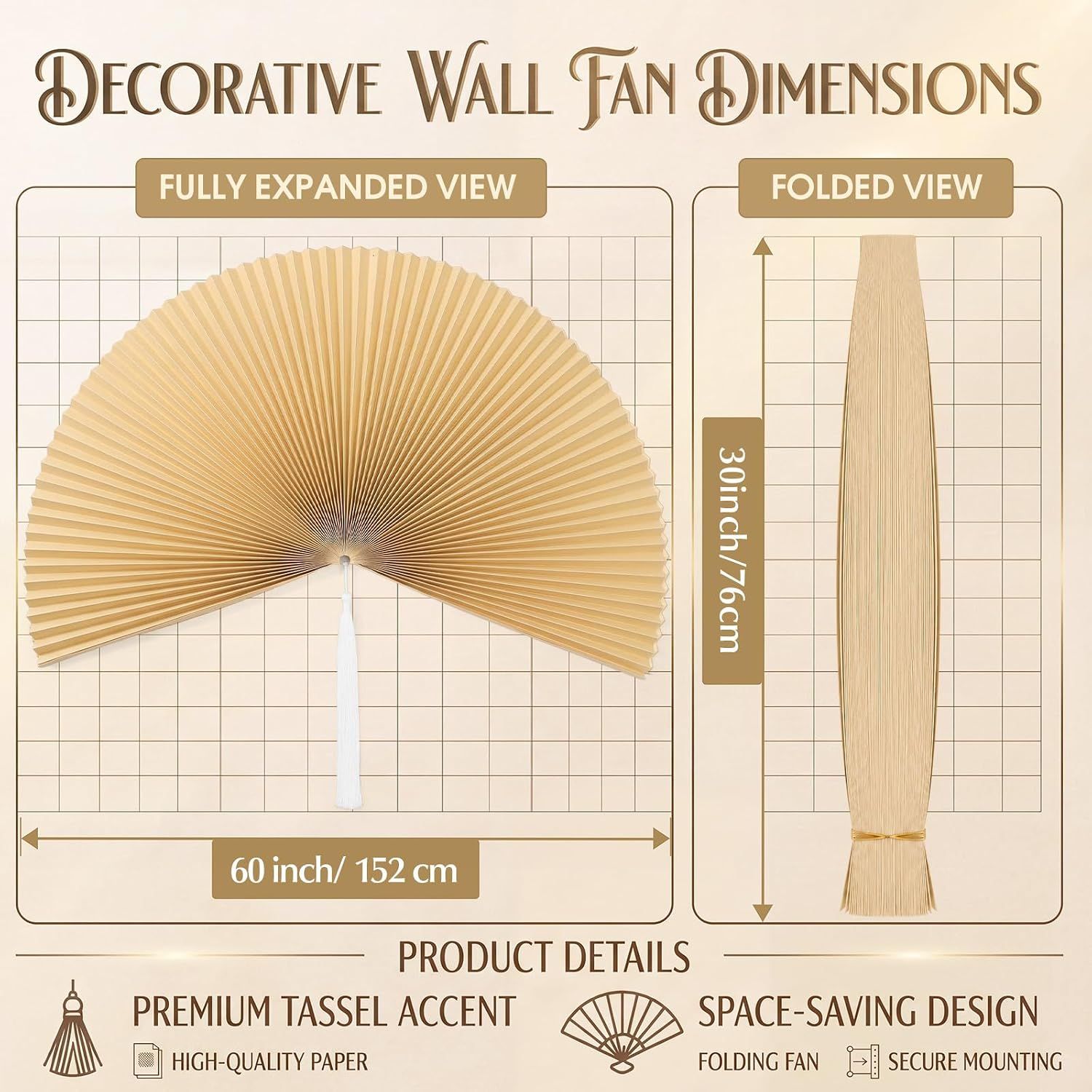 Communicates the exact physical dimensions of the wall fan in both expanded and folded states, helping shoppers understand the size and space requirements. Highlights multiple product benefits in a…