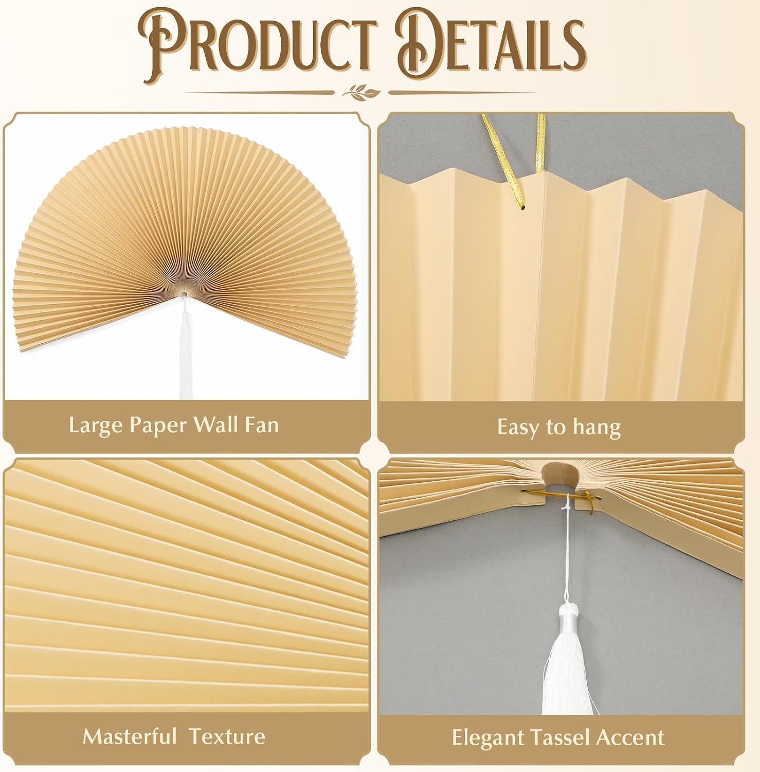 Showcases four distinct product benefits in a segmented grid layout, highlighting the fan's size, ease of installation, quality texture, and decorative tassel detail.