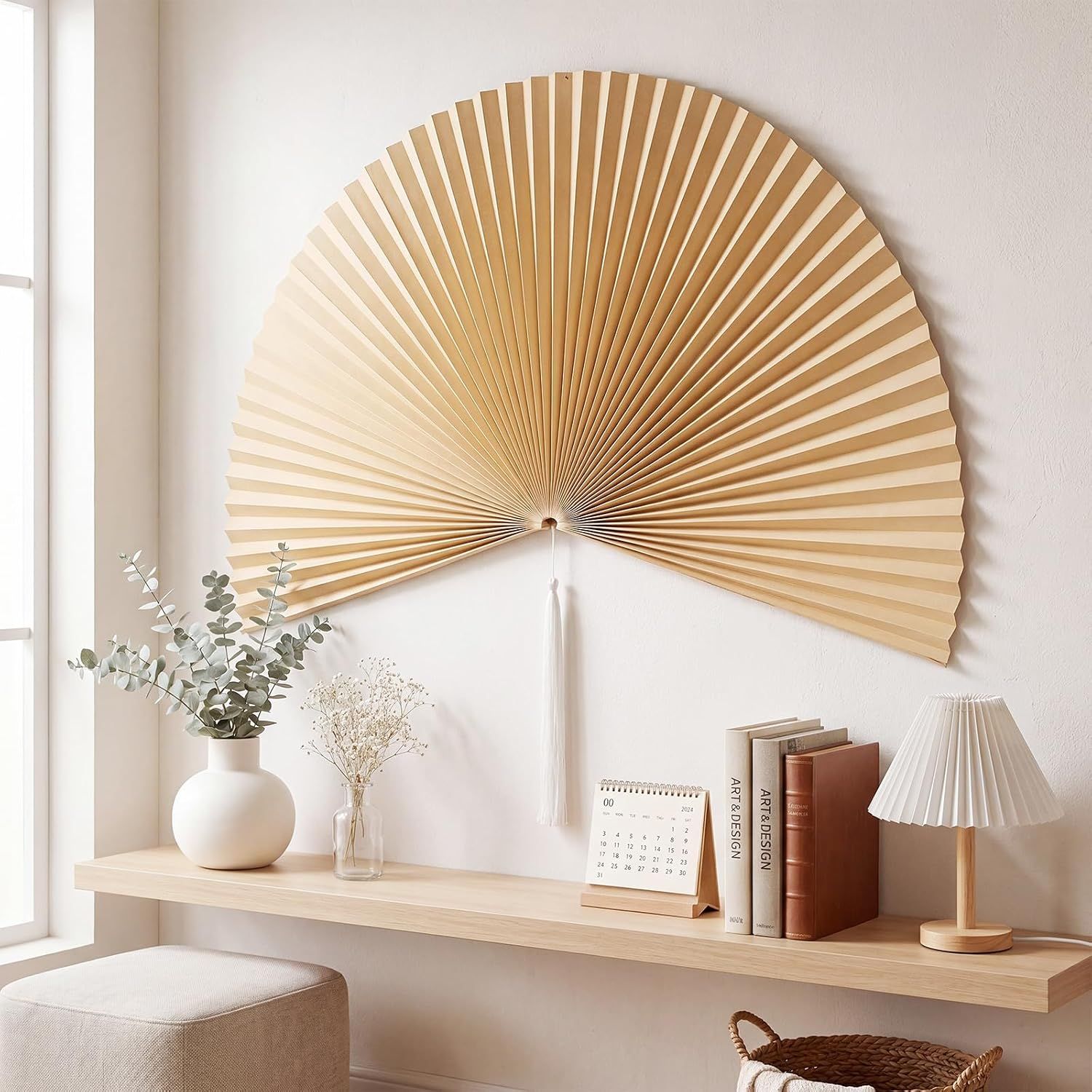 Presents the wall fan in a styled home office or entryway setting to demonstrate how the product complements minimalist decor and neutral color palettes.