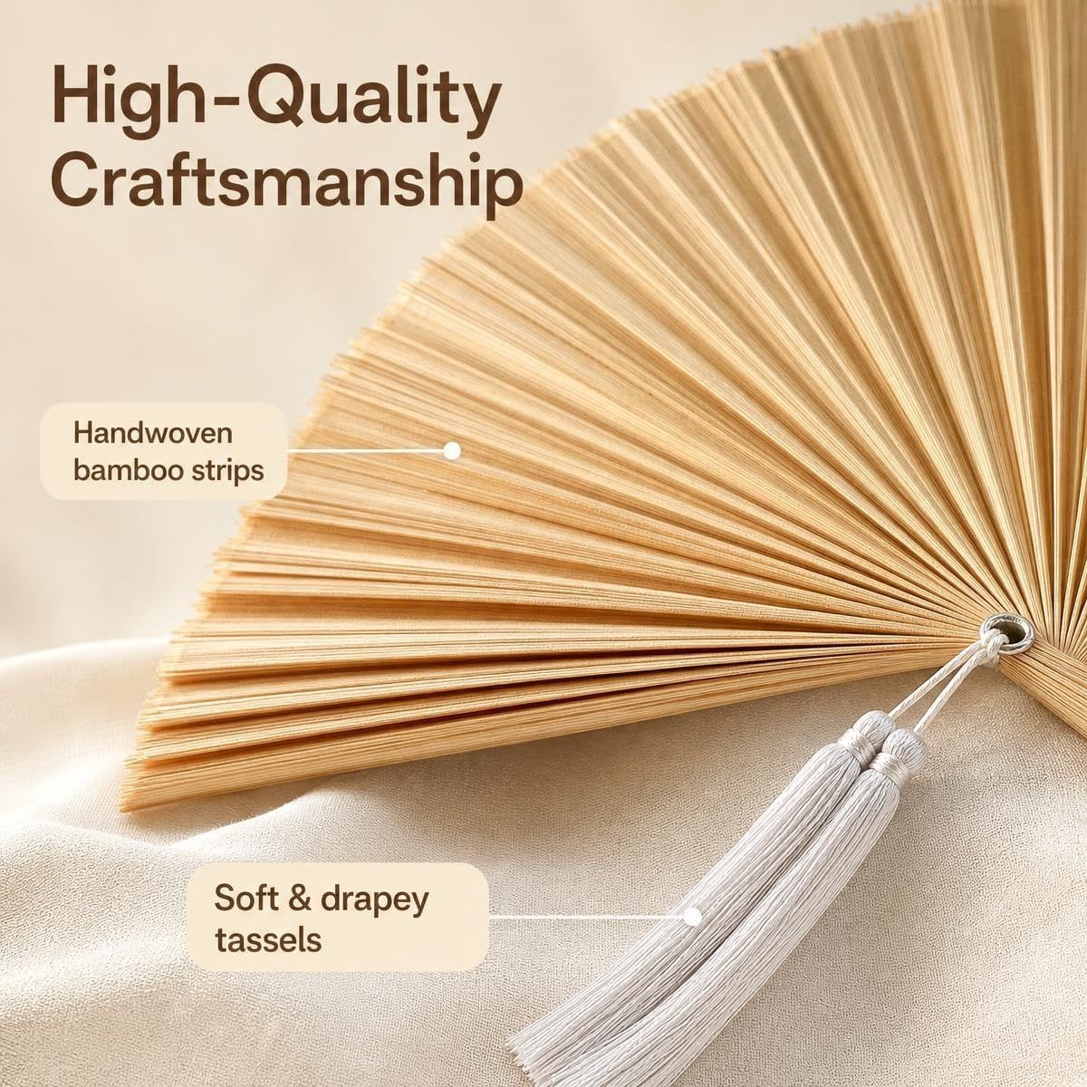 Highlights multiple quality features of the product including the handwoven bamboo construction and soft tassel details to communicate craftsmanship and premium materials.