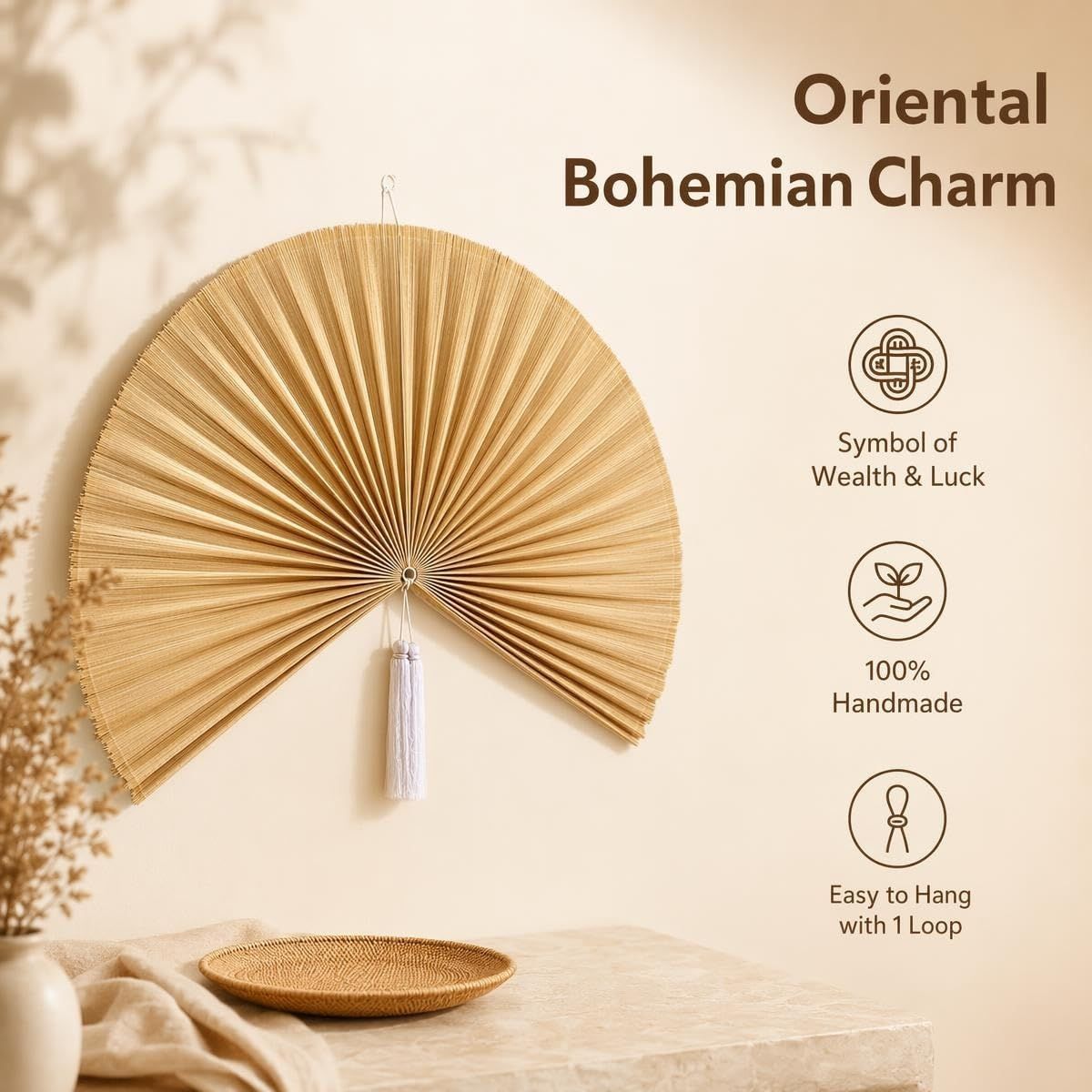 Communicates multiple selling benefits including cultural symbolism, handmade quality, and ease of installation to appeal to shoppers seeking meaningful and convenient decor.