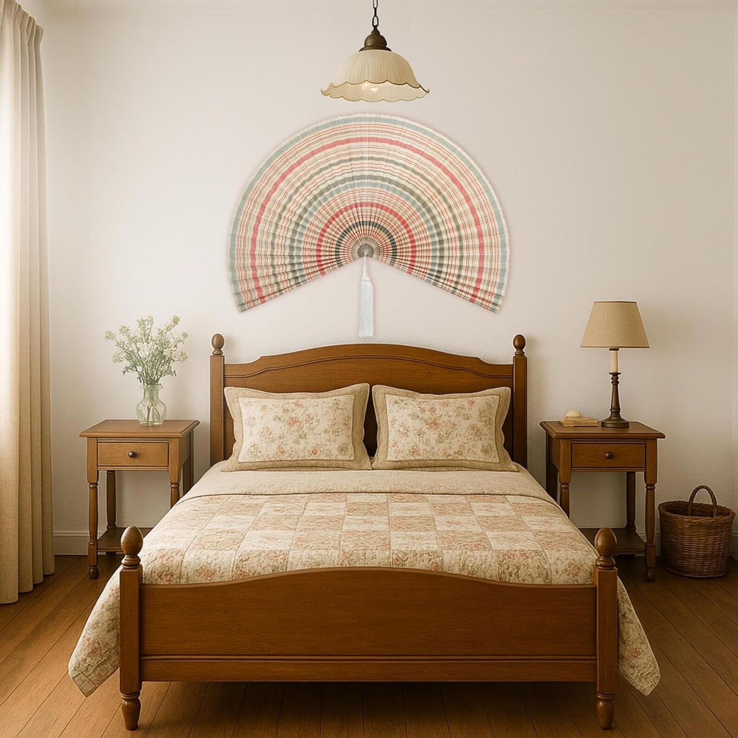 Shows the decorative fan displayed in a real bedroom setting to help shoppers visualize how it looks as wall decor in their home.
