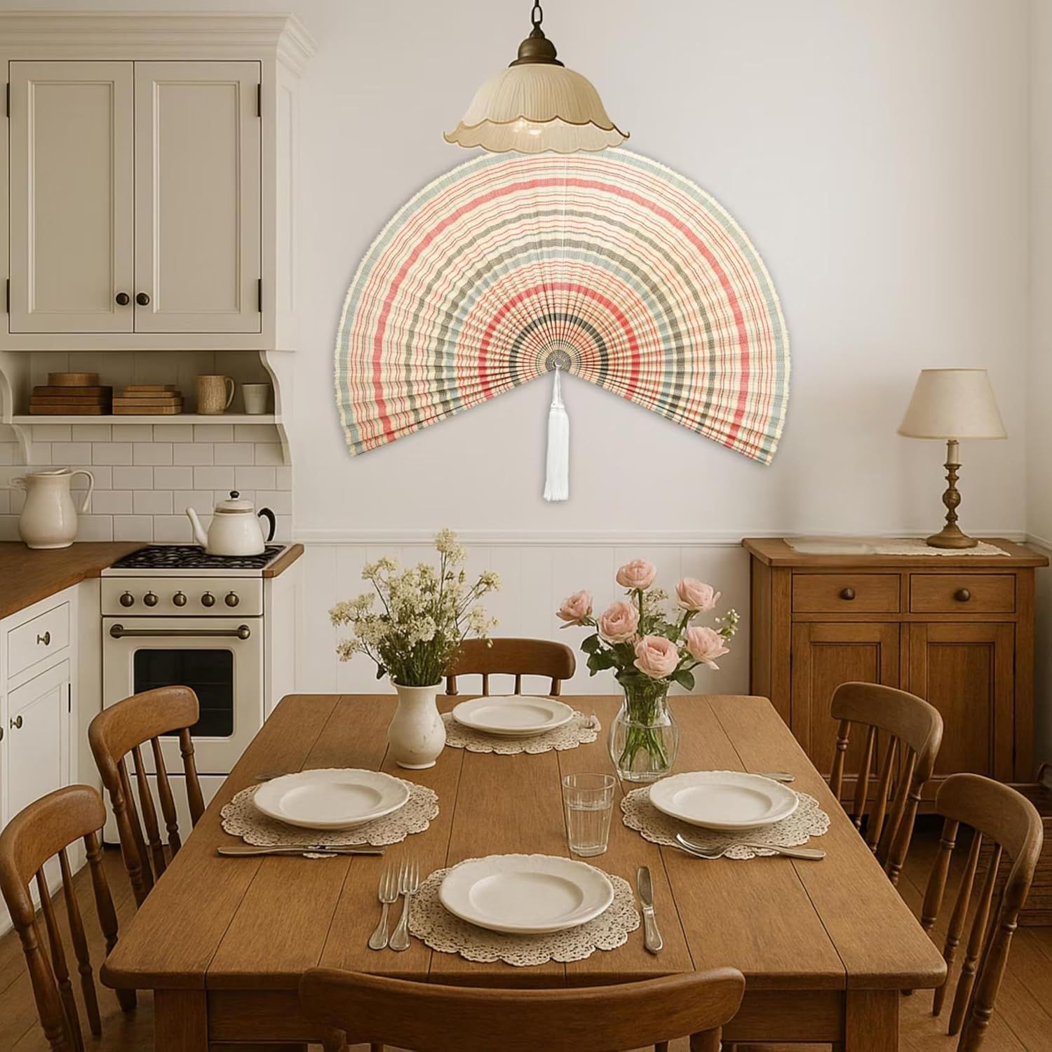 Shows the fan as wall decor in a dining room setting to demonstrate its versatility and aesthetic appeal in different home environments.