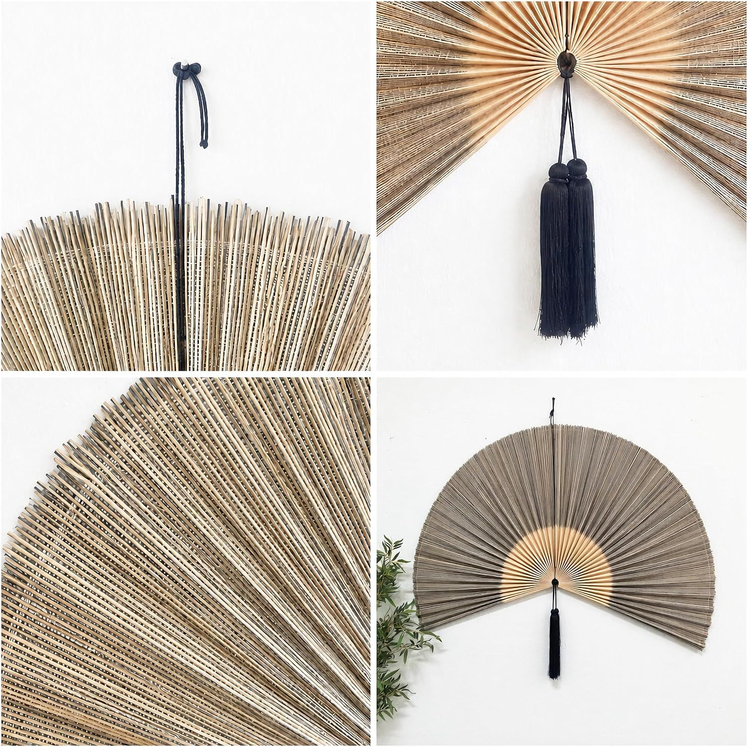 Breaks down the physical components and construction details of the decorative fan through close-up views of different parts.