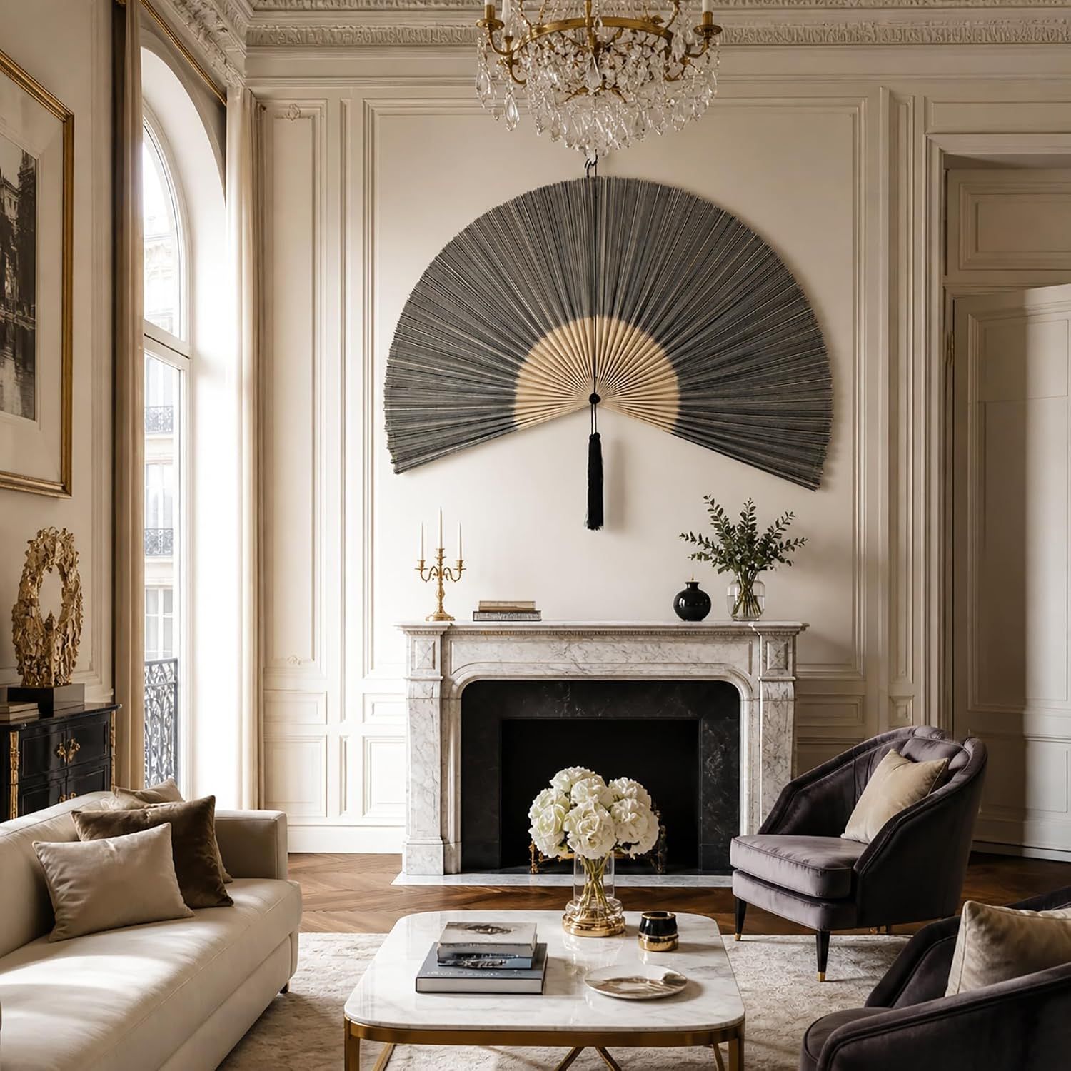 Shows the decorative fan in an upscale living room setting to help shoppers visualize how it looks as wall decor in a real home environment.