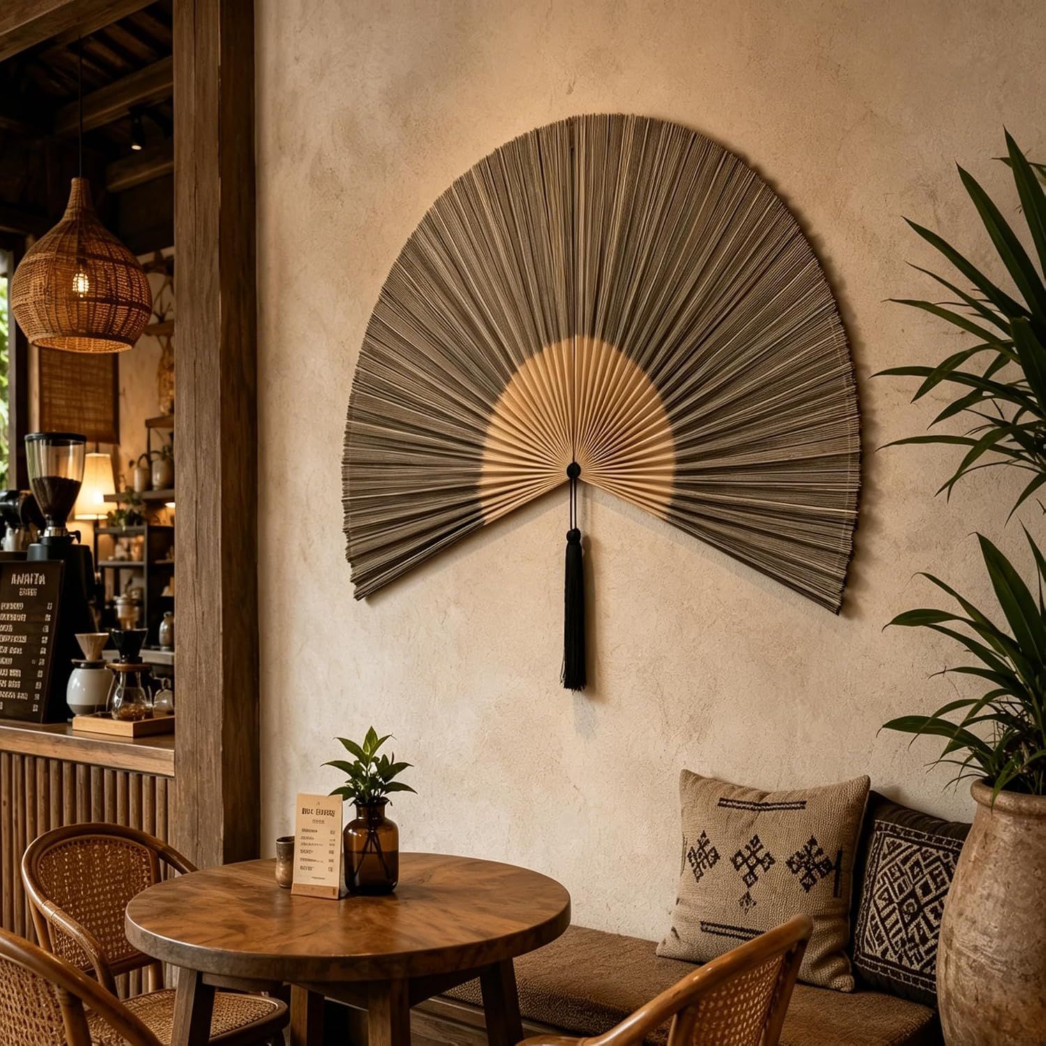 Shows the fan as wall art in a cafe setting to illustrate its versatility in commercial and residential spaces with warm, bohemian aesthetics.