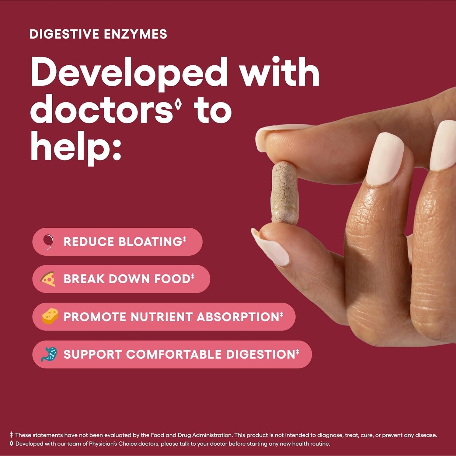 Highlights four distinct digestive benefits in a segmented layout to show the comprehensive support the product provides.