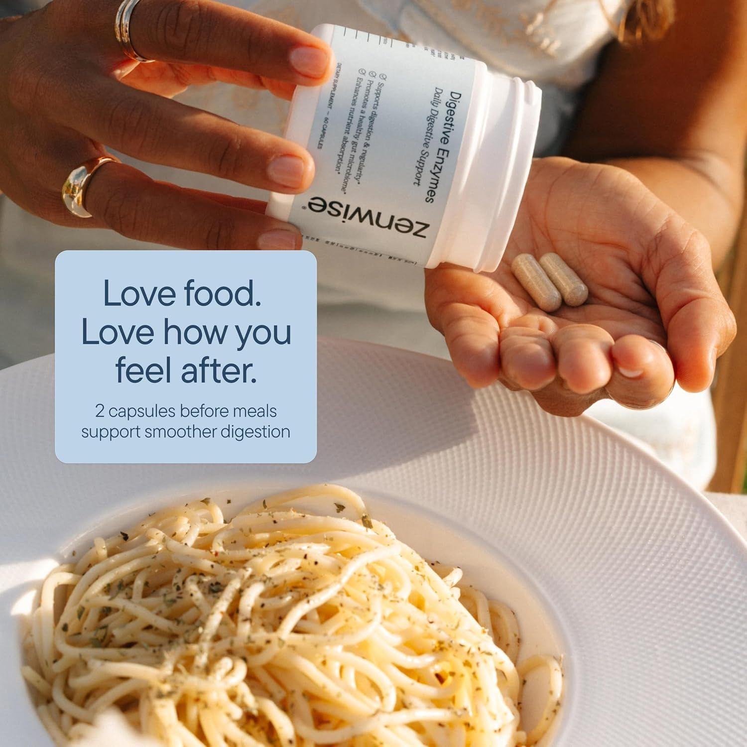 Demonstrates how to use the product by showing the simple instruction to take 2 capsules before meals for smoother digestion. Communicates the benefit of feeling good after eating by taking the…