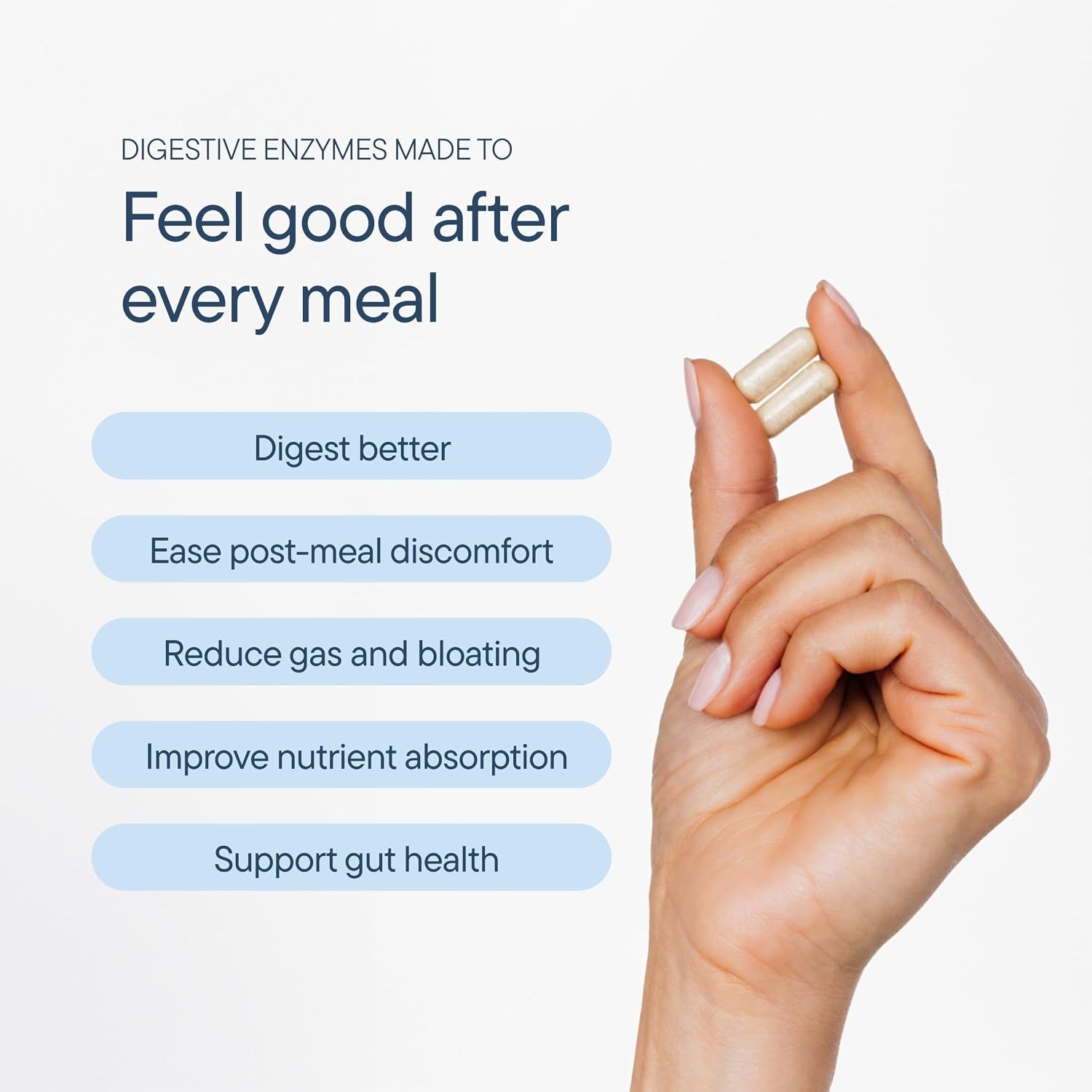 Highlights five distinct digestive benefits in a vertically stacked list format, showing how the enzymes support multiple aspects of digestive wellness.