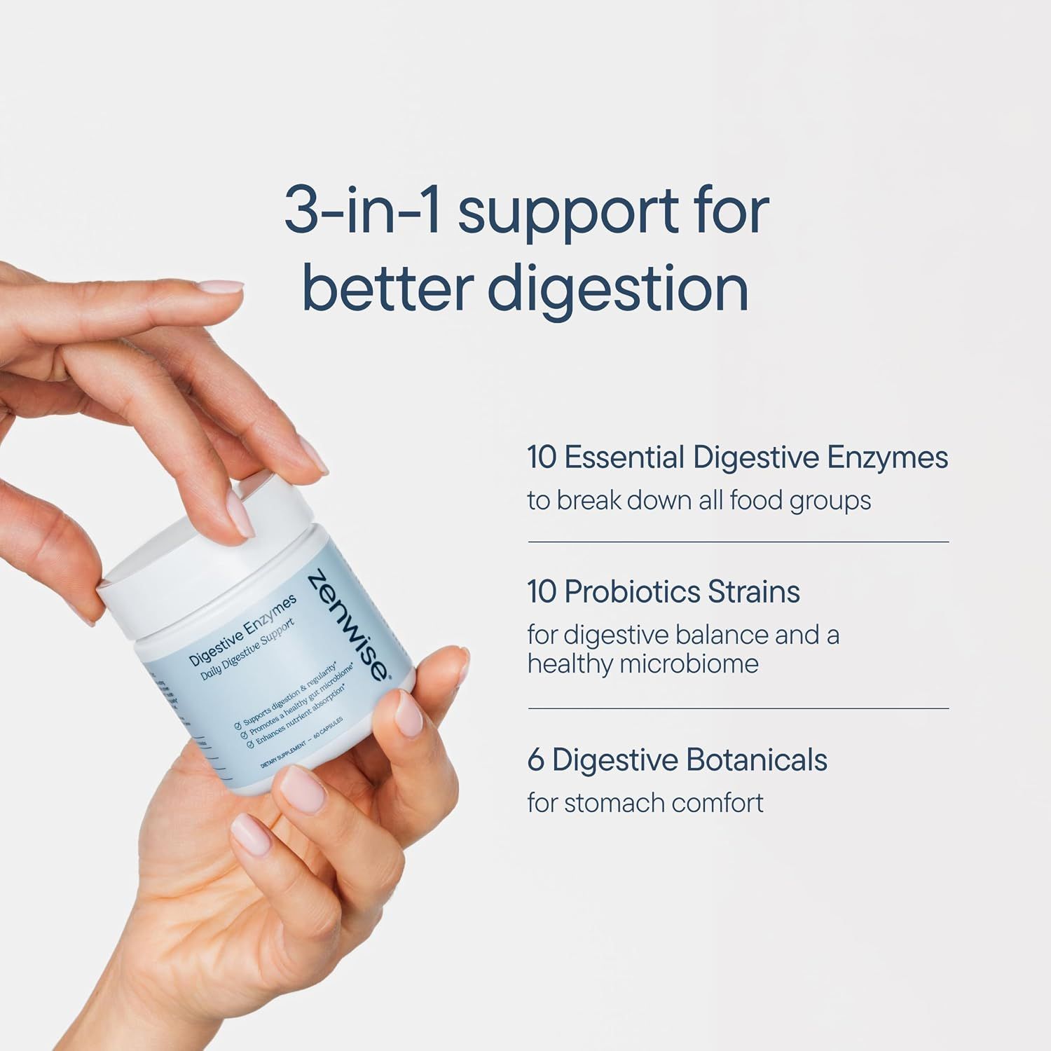 Breaks down the 3-in-1 formula into three distinct component categories, explaining what makes up the comprehensive digestive support system.