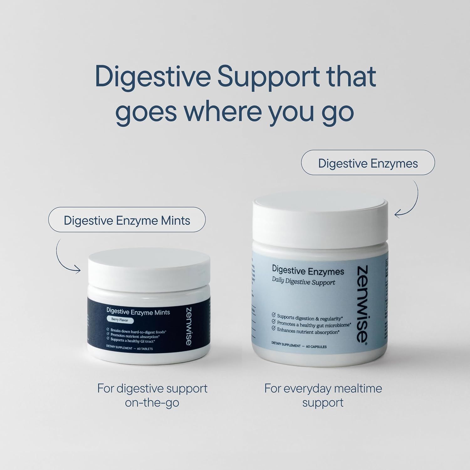 Showcases the brand's product portfolio by presenting two different digestive enzyme formats side-by-side, helping shoppers choose between on-the-go mints and everyday capsules.