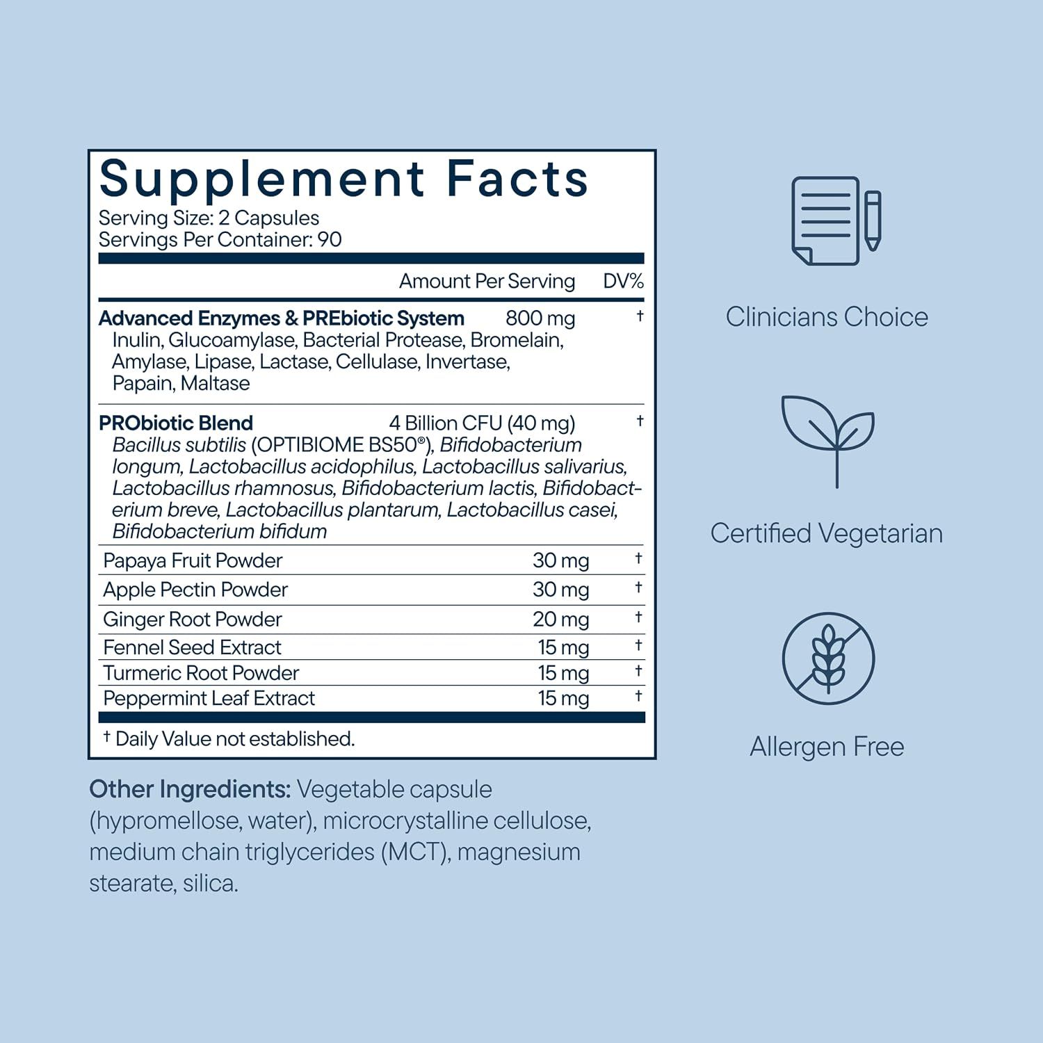 Provides detailed ingredient transparency by breaking down what the product contains, including enzymes, probiotics, and botanicals, along with certifications like vegetarian and allergen-free.