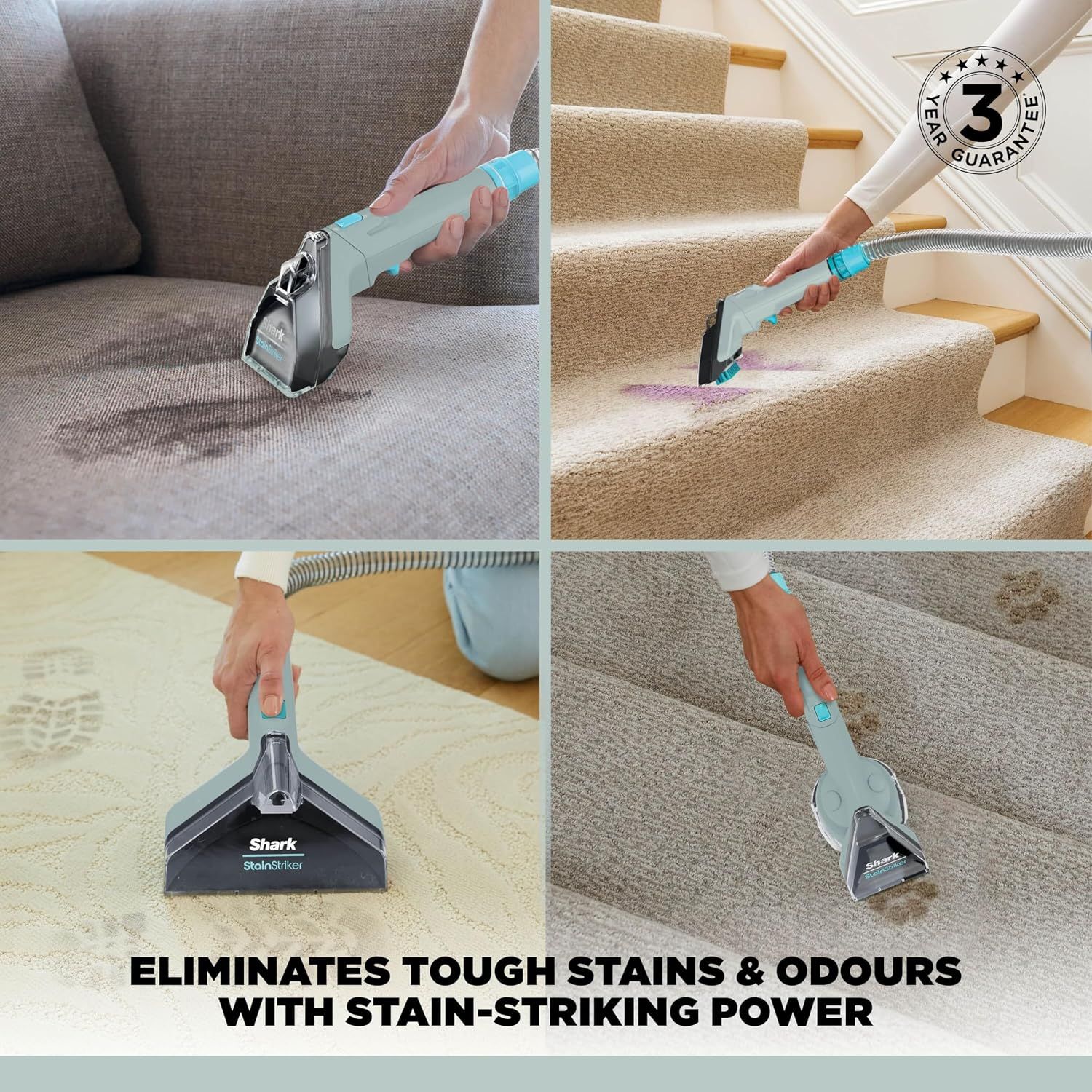Demonstrates the product's versatility by showing it effectively cleaning multiple surfaces including upholstery, stairs, and carpets, reassuring shoppers it handles diverse cleaning scenarios.