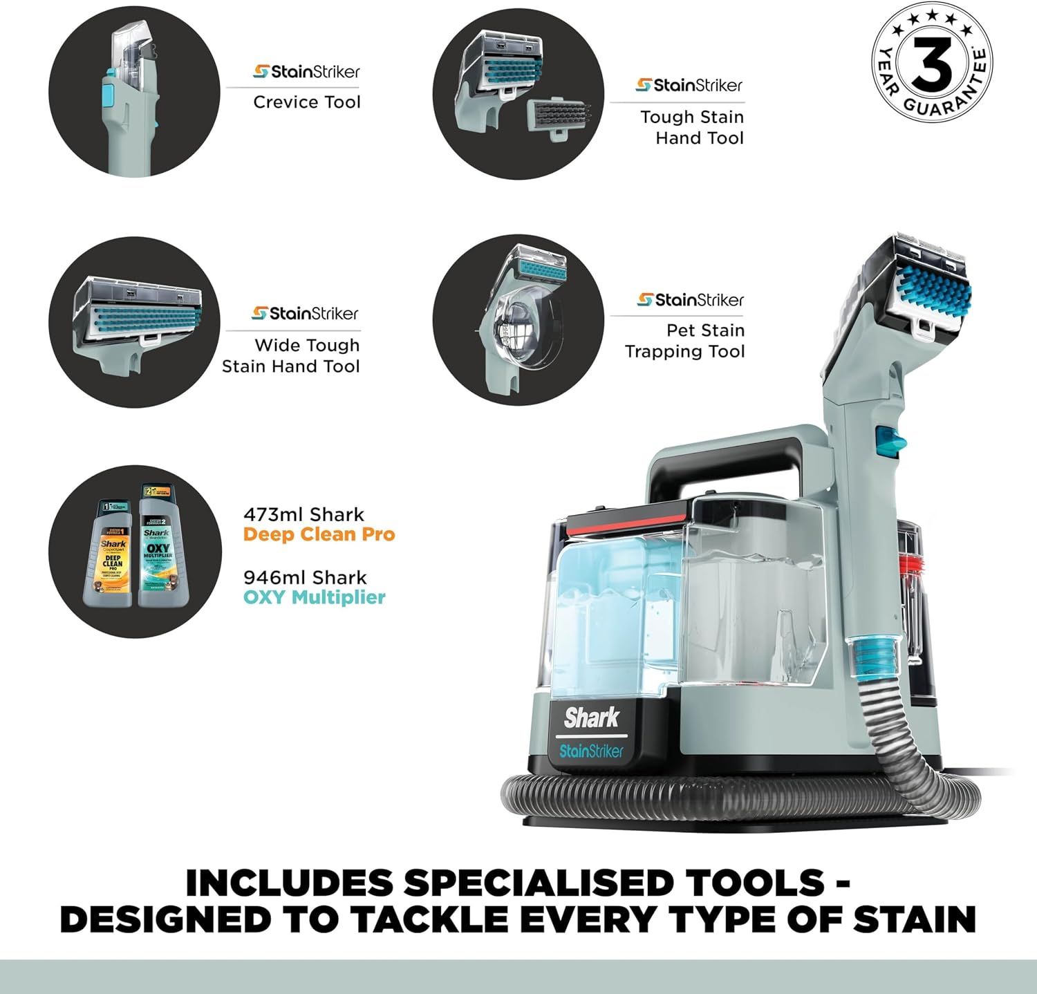 Shows all the specialized tools and accessories included with the product, reassuring shoppers they receive everything needed to tackle every type of stain.