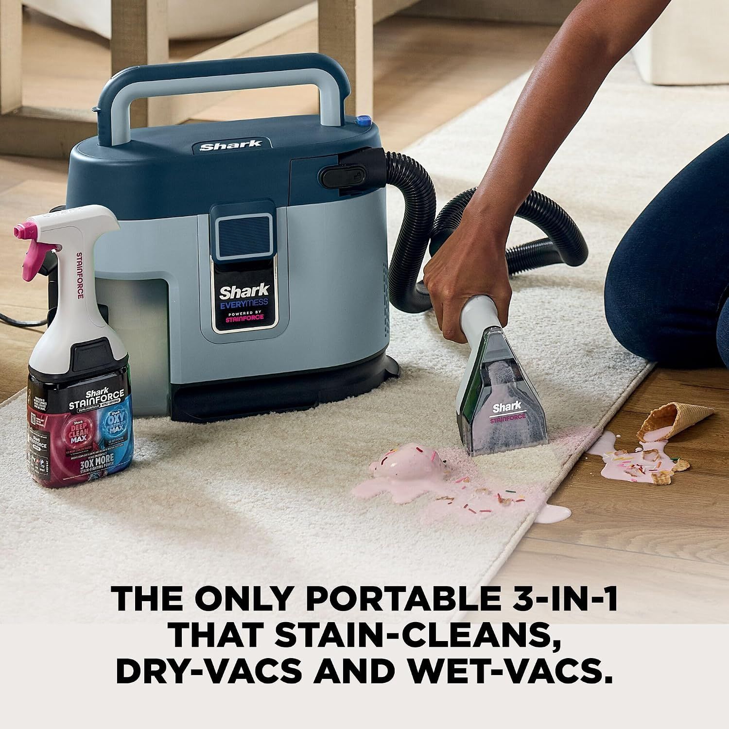 Demonstrates the product's versatility by highlighting its three distinct cleaning modes in one portable unit, reassuring shoppers they can handle multiple cleaning tasks with a single device.