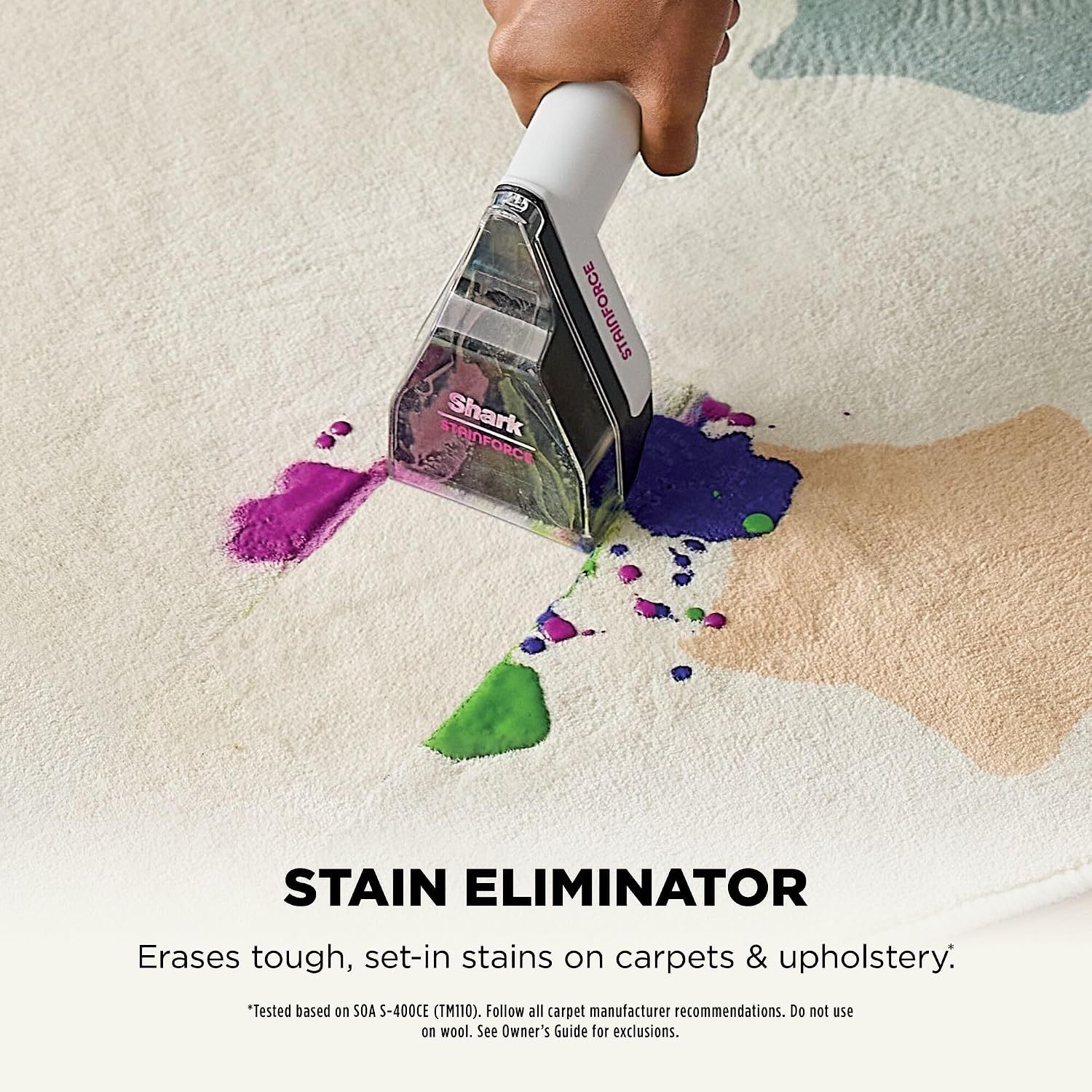Highlights the product's ability to erase tough, set-in stains on carpets and upholstery, reassuring shoppers it can handle difficult cleaning challenges.