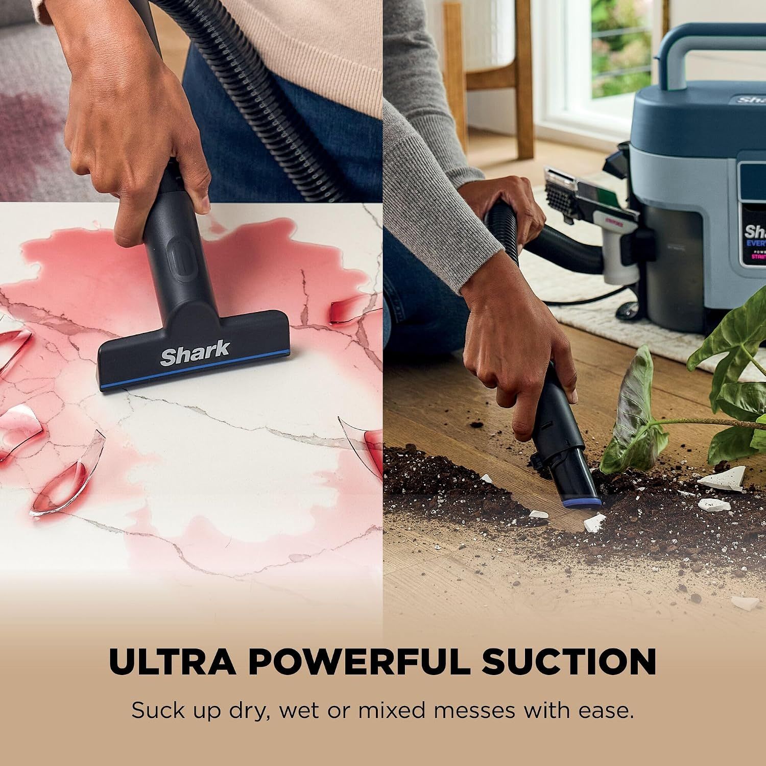 Demonstrates the product's strong suction capability to handle both dry and wet messes with ease, reassuring shoppers of effective cleaning performance.